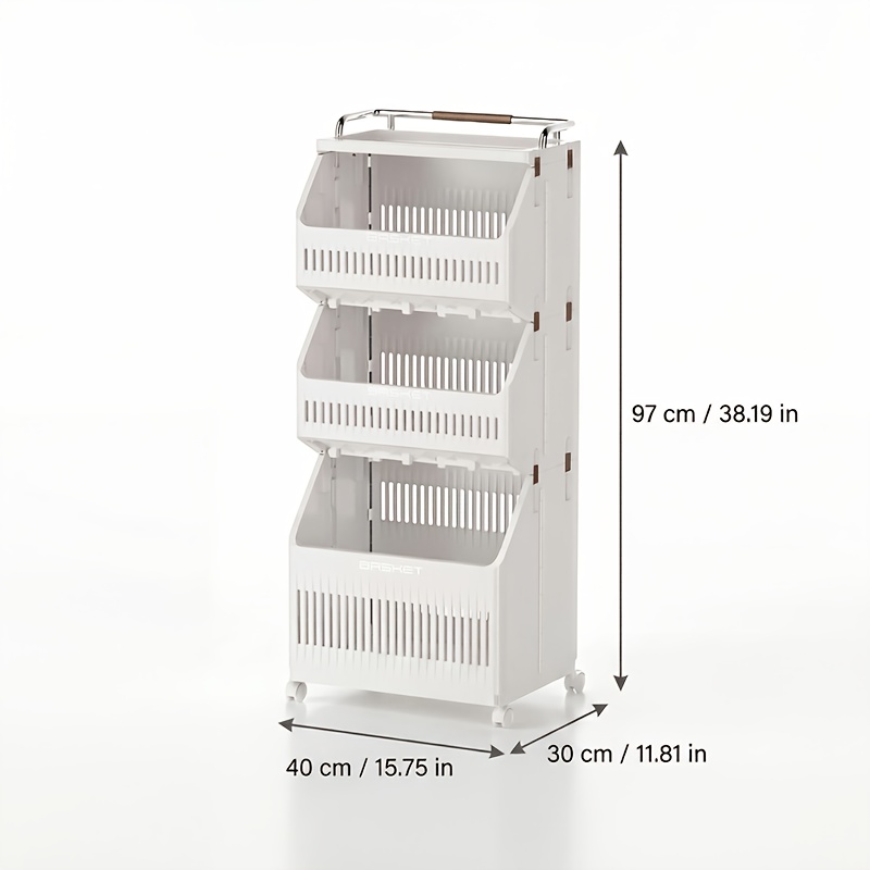 Image of 40cm Wide Rolling Storage Cart - Foldable & Stackable Utility Organizer (30cm Deep) - Slim Laundry Basket & Shelving Unit With Wheels - Heavy Duty 30kg Capacity - White