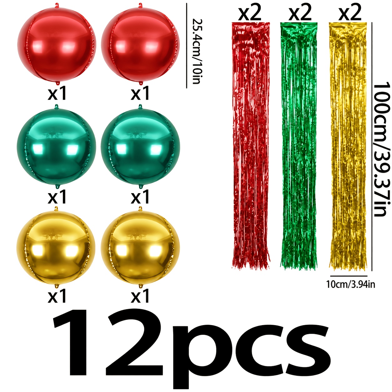 TEMU 12pcs Set - Christmas Hanging Balloons, 10-inch 4d Balloons In Golden, Red, And Green, Green And Red, Christmas Tree Decorations, Christmas
