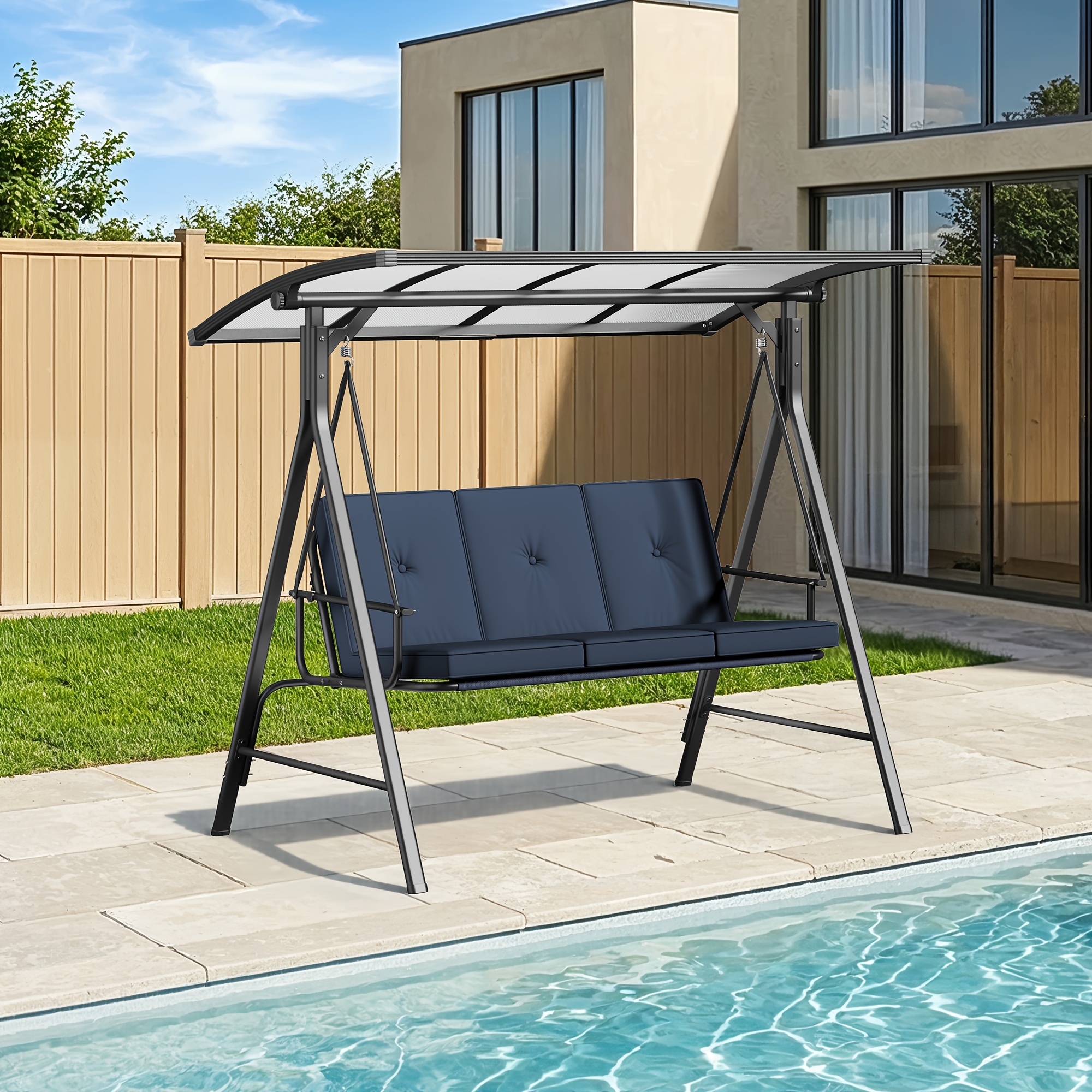 3-Seat Porch Swing Chair with Stand - Convertible to Adult Swing Bed, Adjustable UV-Protected Canopy & Thick Cushion, 750lbs, Flat Bed (Red/Blue/Dark Gray) for Porch, Backyard, Garden & Balcony