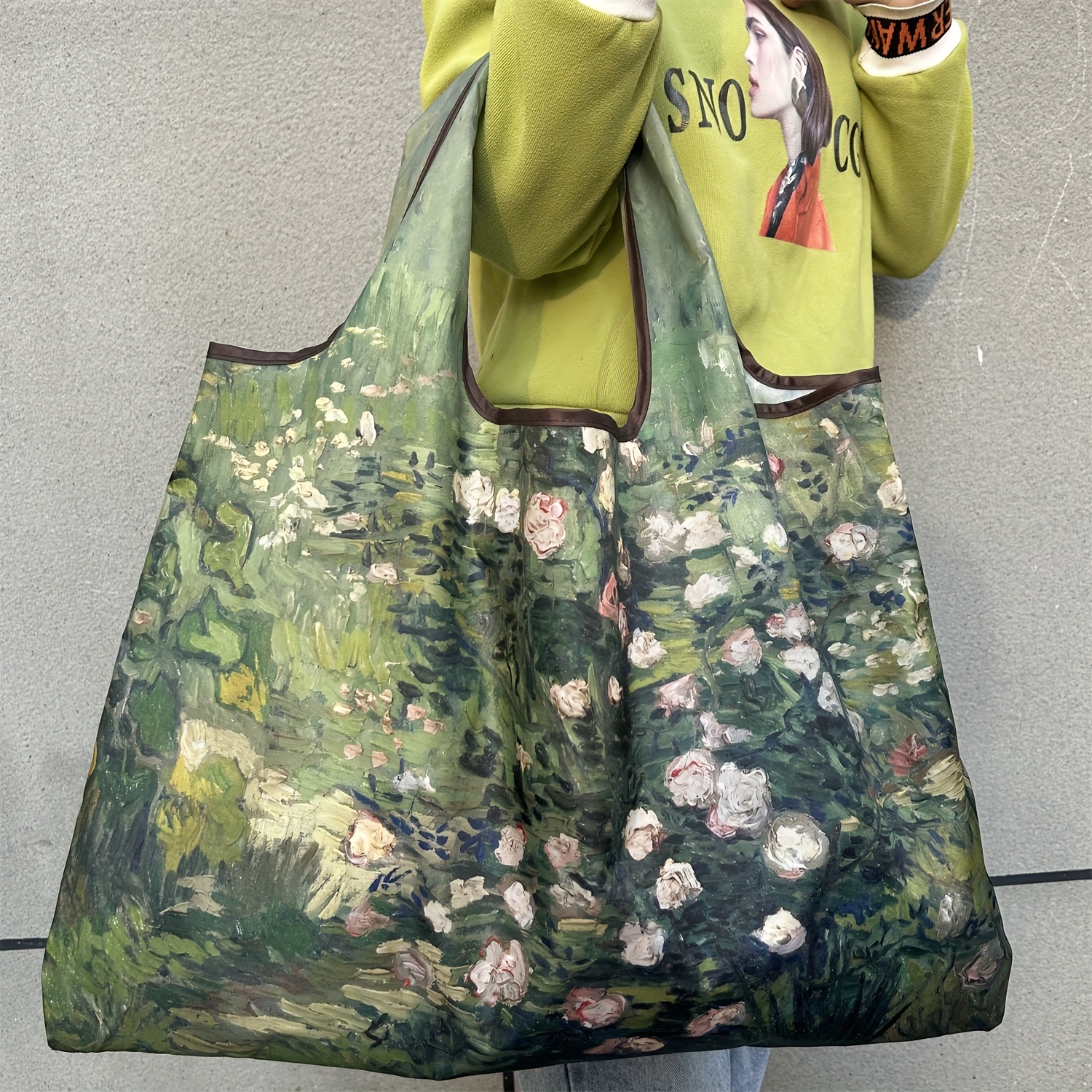 

Chic Rose Oil Painting Design Large Tote Bag - Lightweight, Foldable Shopping Shoulder Bag With Wrist Strap, Machine Washable Nylon