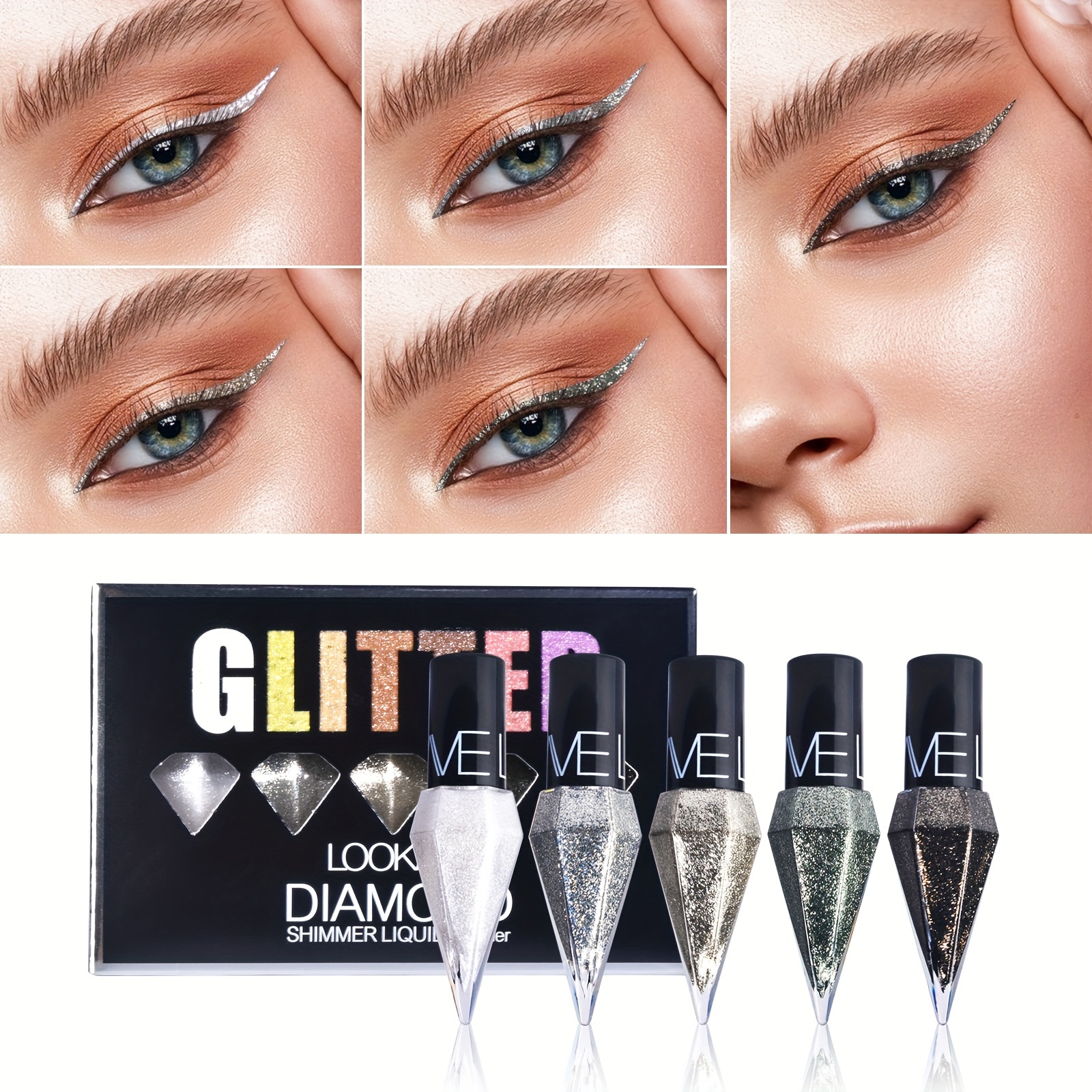 

5pc Shimmer Liquid Eyeliner Set, Waterproof, Smudge-proof, Glitter Eye Makeup With Silver And Rose Golden Sparkles, Eye Shadow Stick Combo For Cosmetics
