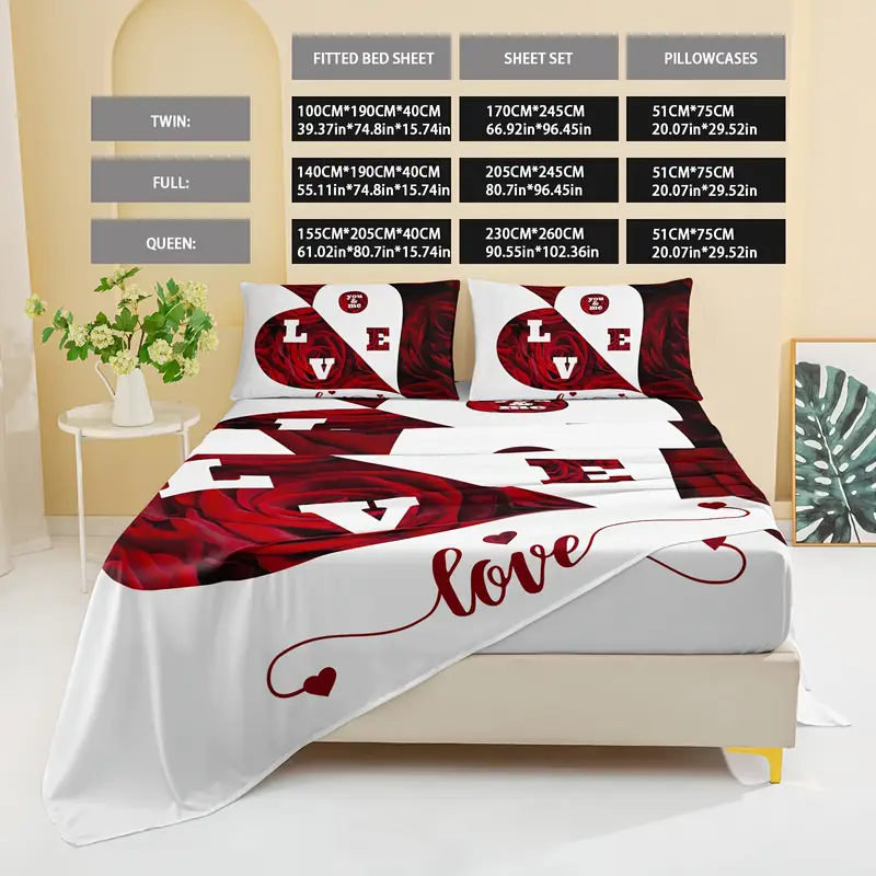 4pcs red and white roses sheet set heart shaped valentines day couples bedding with flat sheet duvet cover and 2 pillowcases breathable suitable for suitable for bedroom and hotel Product details 1