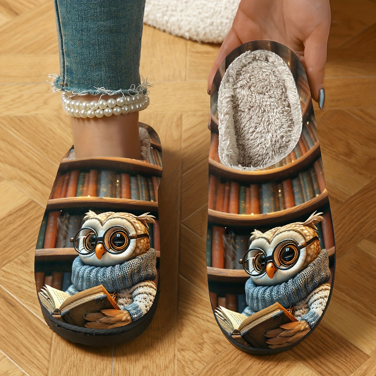 Image of Cozy Owl Reading Slippers - Soft, Non-slip, For , Cute Cartoon With Glasses And Book, Home Or Casual Wear, Slippers | Cartoon Owl Slippers | Soft Fabric Upper, Owl Slippers