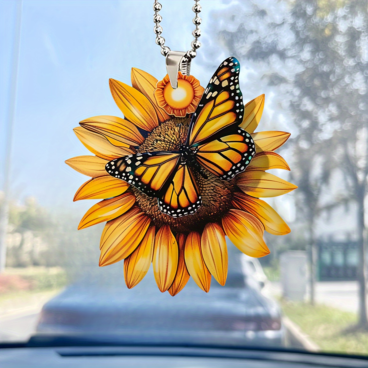 

Sunflower & Butterfly Acrylic Pendant - 2d Charm For Car Mirror, Home Decor, And Backpack Keychain Accessory