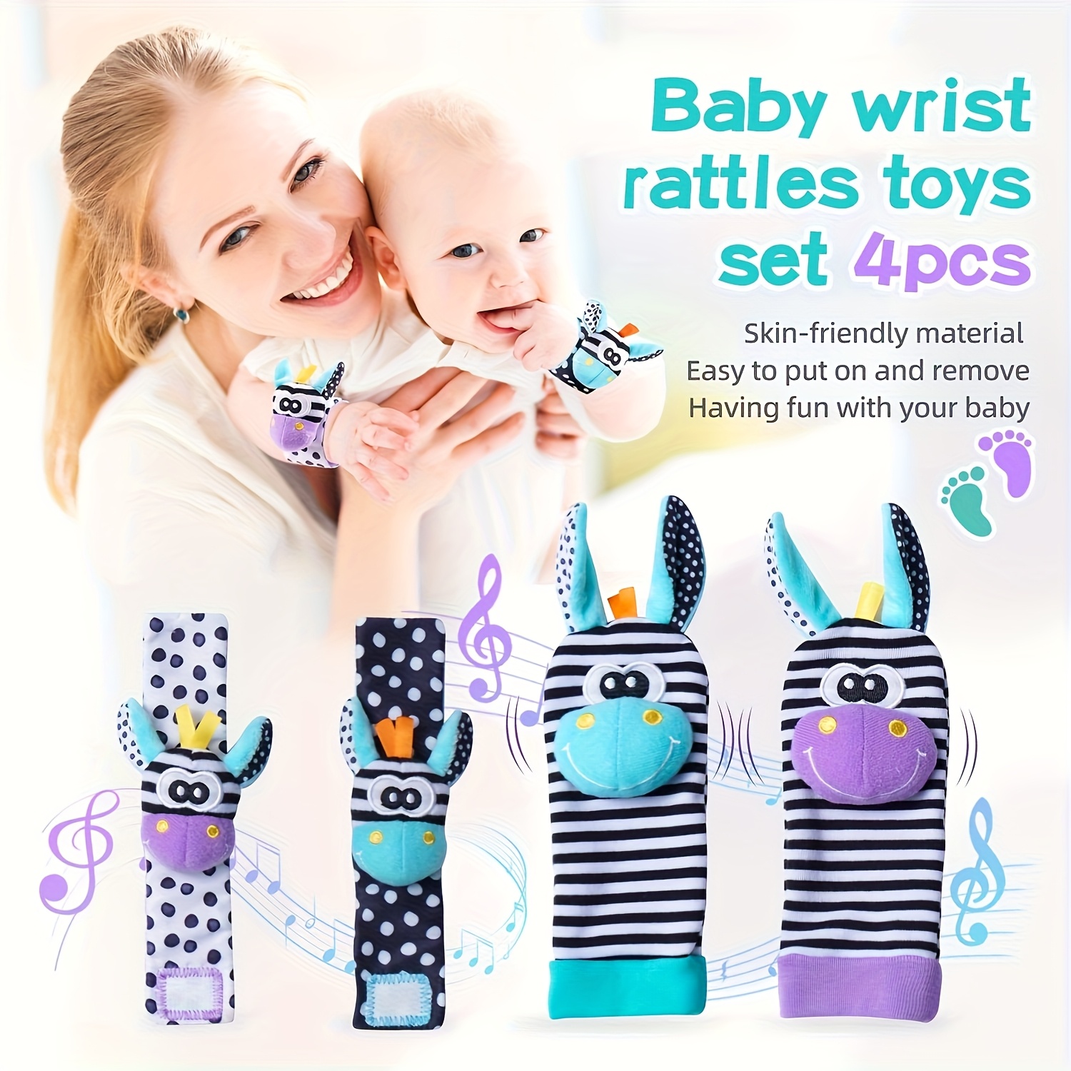 4pcs Baby Wrist Rattles Foot Finder Toys Set, Toddler Rattle Sock, Arm Hand Bracelet, Feet Leg Ankle Socks, Gift for Newborn Infant Babies Boy Girl Bebe