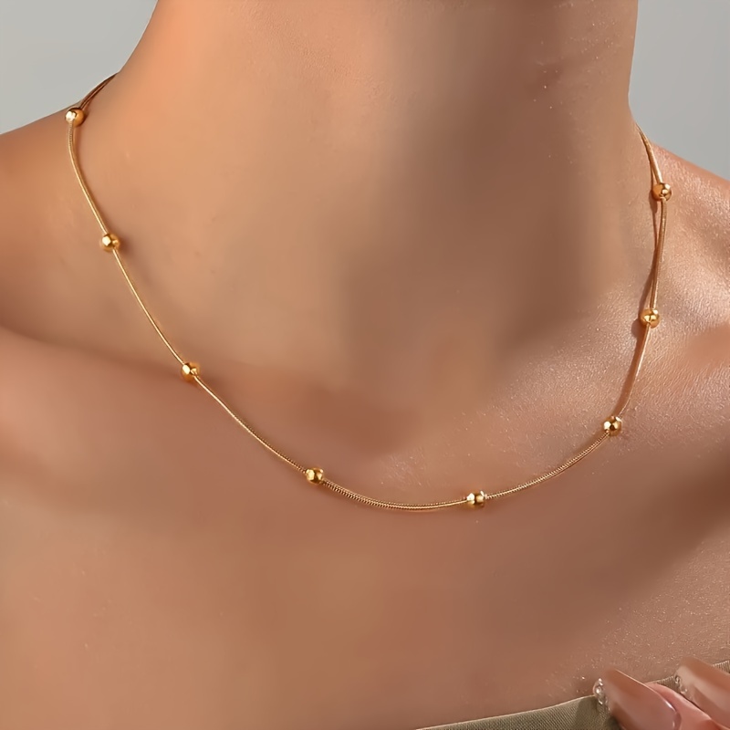

Elegant Golden Beaded Snake Chain Necklace For Women, Simple Minimalist Style, Fashionable Clavicle Chain, Vacation Jewelry Accessory