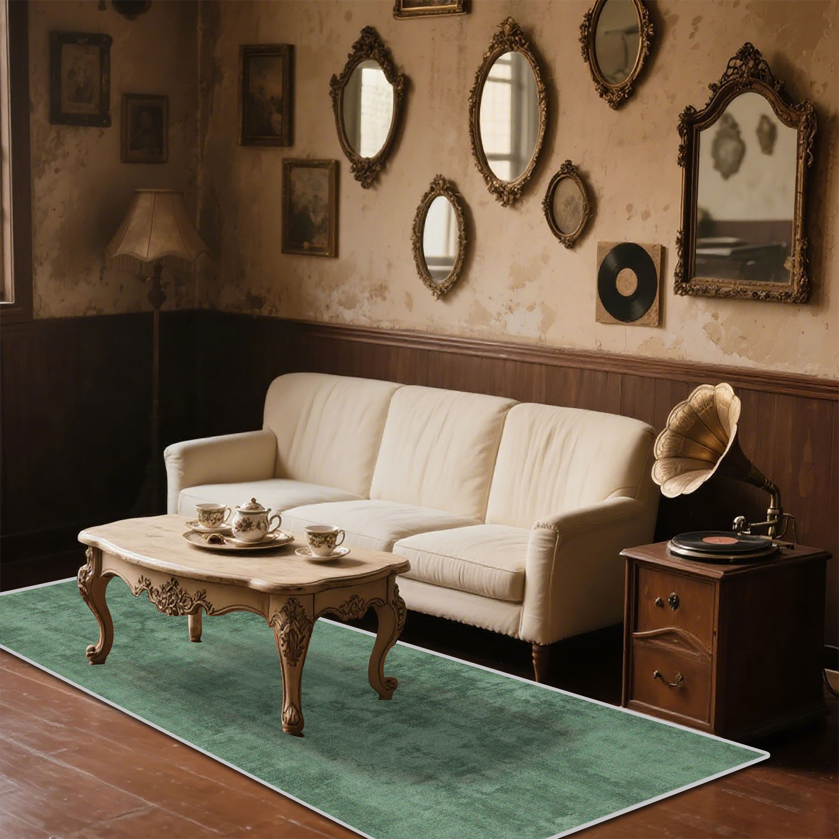 TEMU [golden Rhinestone Velvet] 1pc, Green Solid Background Artistic Style Mat, Extra Long Non-slip Golden Rhinestone Velvet Runner, Machine Washable