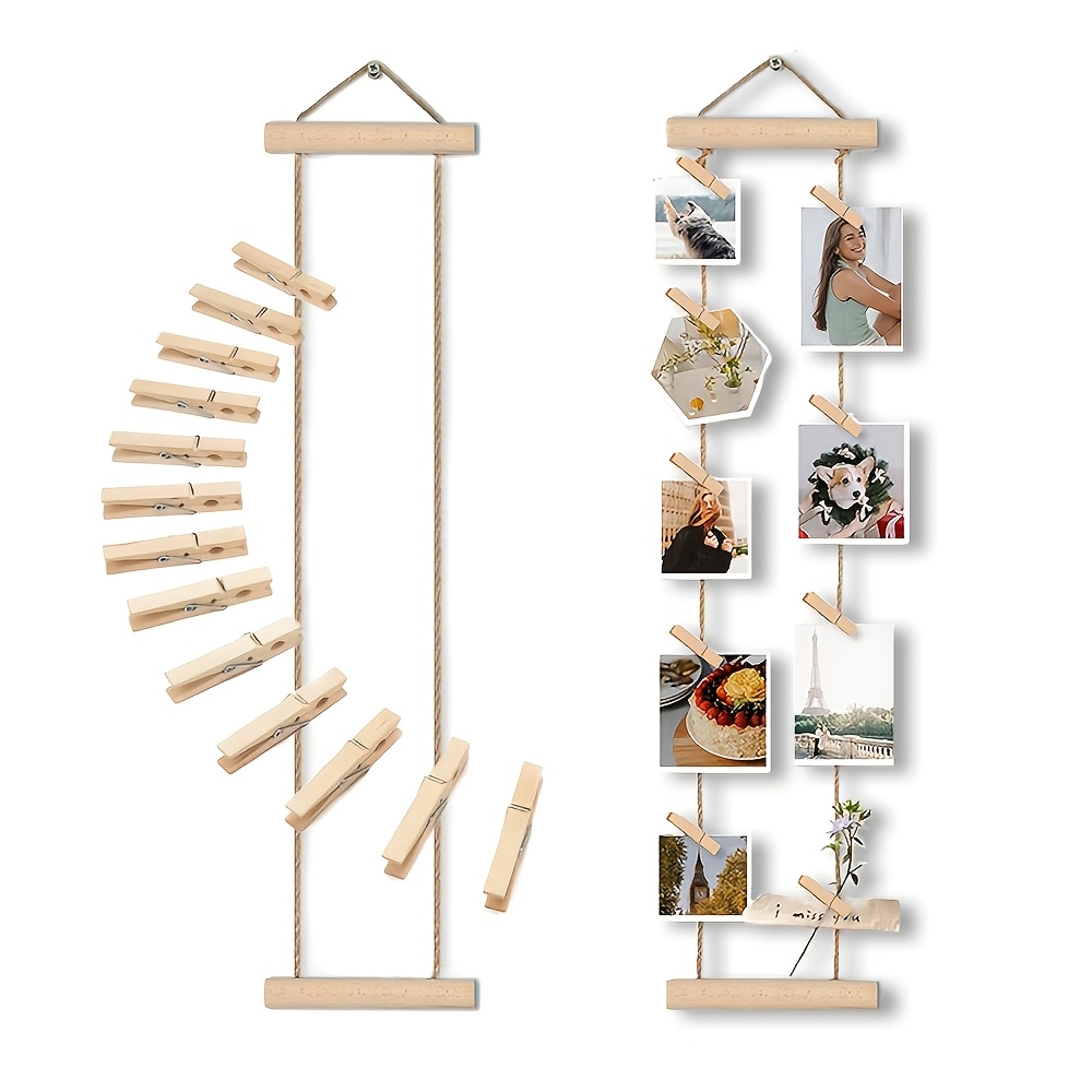 TEMU 18pcs Wall-mounted Photo Display Rack Set (includes 1pc Hanging Display Rack, 15pcs Photo Clips, 1pc Adhesive Hook, 1pc Metal Hook) - Natural