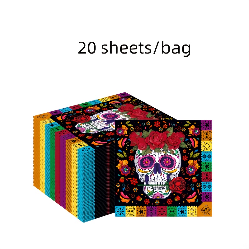 E-shop 20 Stück pro Packung, farbenfrohe Servietten mit Totenkopf- und Blumenmuster-Designs - Doppellagig, für Halloween, Tag der