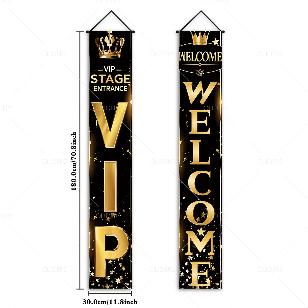 Image of 2d Flat Banner, 1 Pair, Vip Stage Special Entrance Passage Porch Sign Banner, Polyester, Black And Golden Stars, Crown Pattern Is Suitable For Events, Performances, Parties And Other Occasions