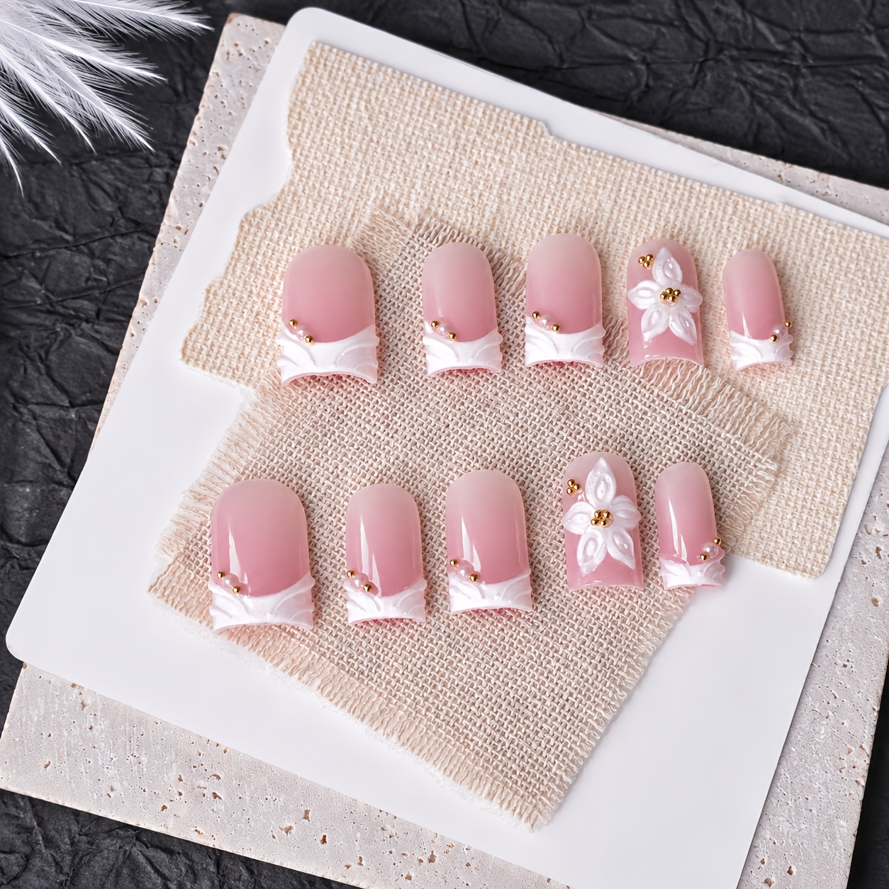 TEMU 10pcs Danartlux Short Square Press On Nails Suitable For Women - White French Tip With 3d Flower & Golden Studs, Glossy Full Cover Reusable Fake