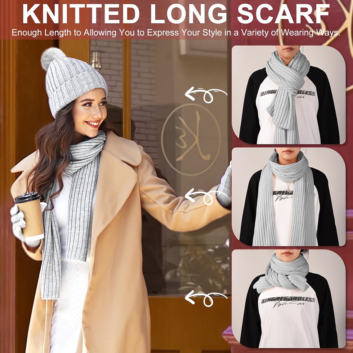 womens winter knit set   beanie long scarf and touchscreen gloves 3 in 1 bundle thermal and warm for cold weather details 4