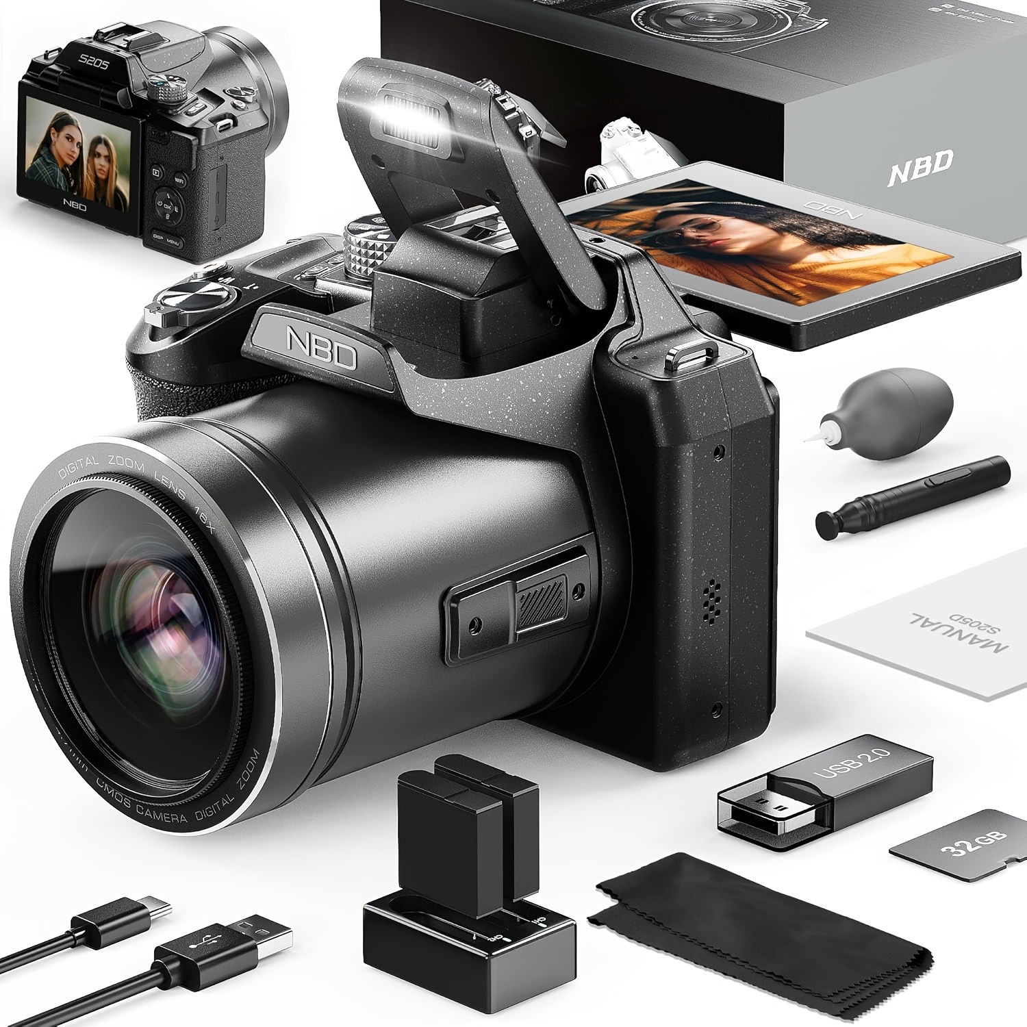 TEMU Nbd 5k Digital Camera, 64mp Cameras For Photography And Video, Vlogging Camera With 3" Flip Screen, 16x Digital Zoom, 2 Batteries, 32gb Tf Card