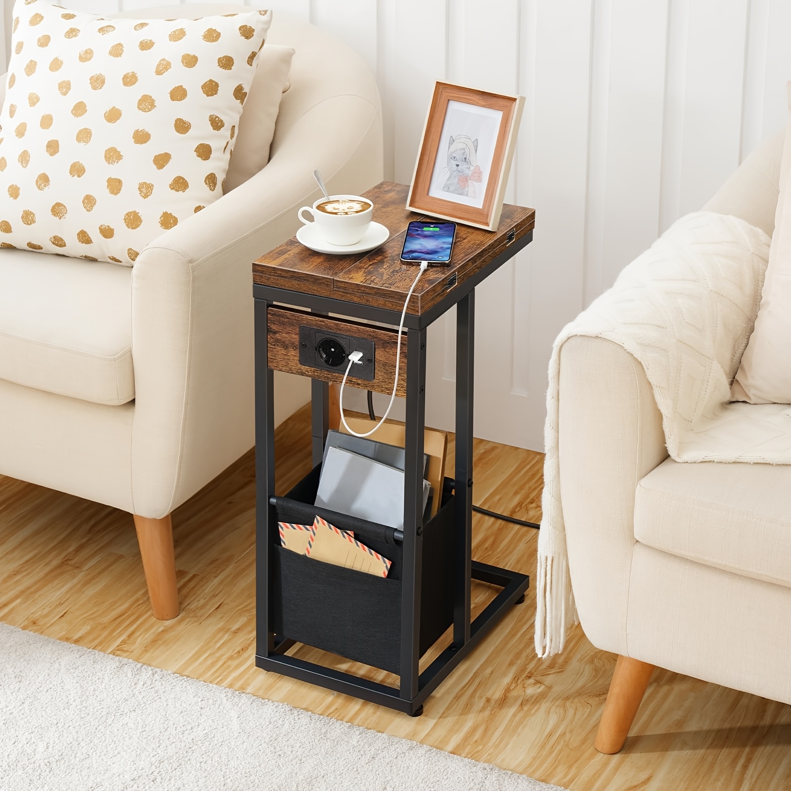 Auxiliary Table With Charging Station, C-type, Foldable Sofa Table With Cloth Bag, Sleeping Table With Socket And 2 Usb Ports, Suitable For Living Room, And Black