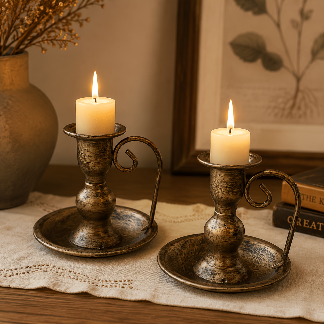 TEMU 2pcs Vintage Metal Candlestick Holders, With Handle For Easier Placement, Suitable For Home Decor, Dinner, Vintage Scene Display, B&b Decoration