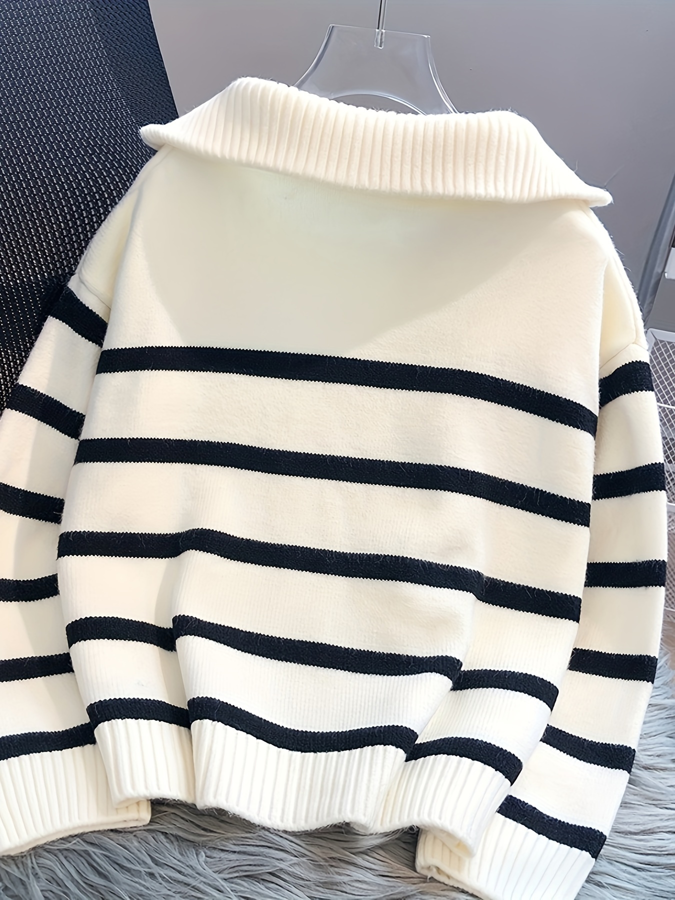 Women's Striped Sweater with Half-Zip Front Black White Loose Fit  Long Sleeve Pullover, Machine Washable for Spring Summer Fal