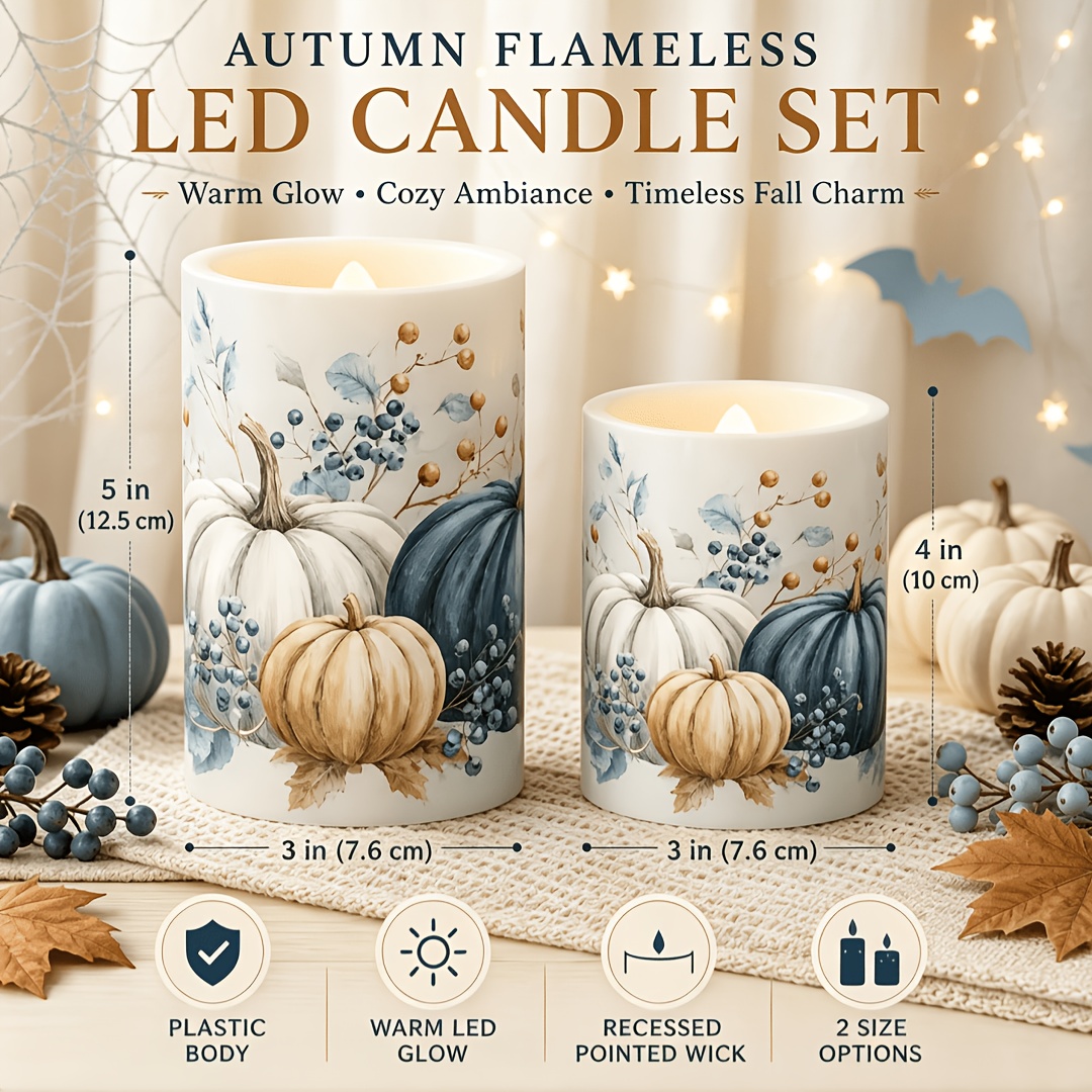 TEMU Flameless Candles, 2pcs Autumn Pumpkin Led Candle Lights, Flameless Candle Lamp With Blue Berry Print, Fall Decorative Pillar Candles For
