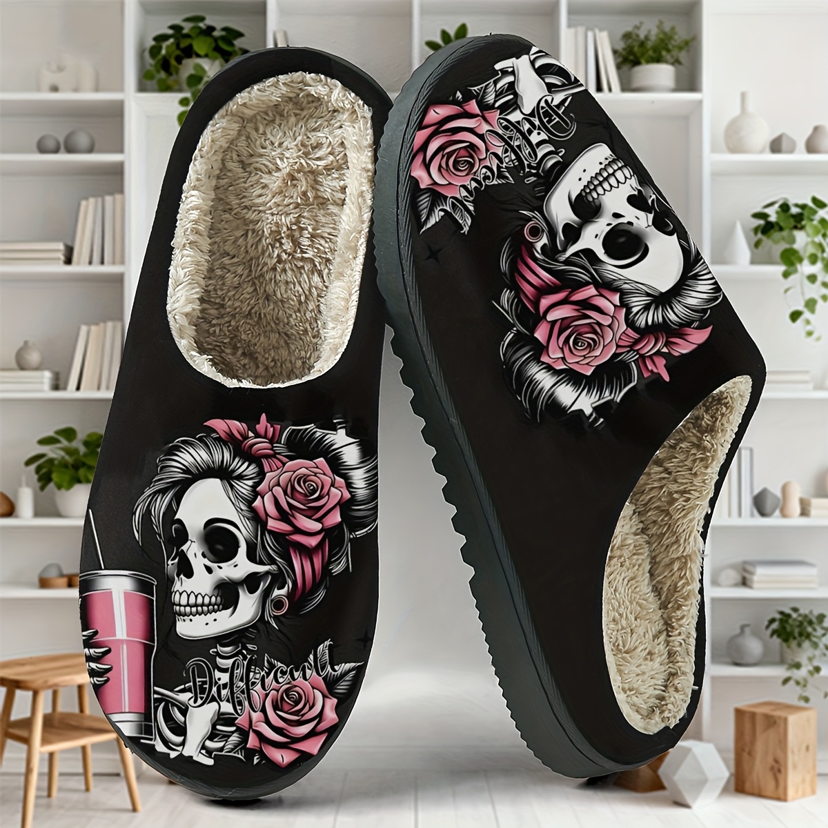 Image of Trendy Cool Skull Female Diva Pink Rose Drink-themed Cozy Slippers, In A Unique Black Background Atmosphere, Skull Diva Holding , With Pink Roses And Trendy Additions Showcasing