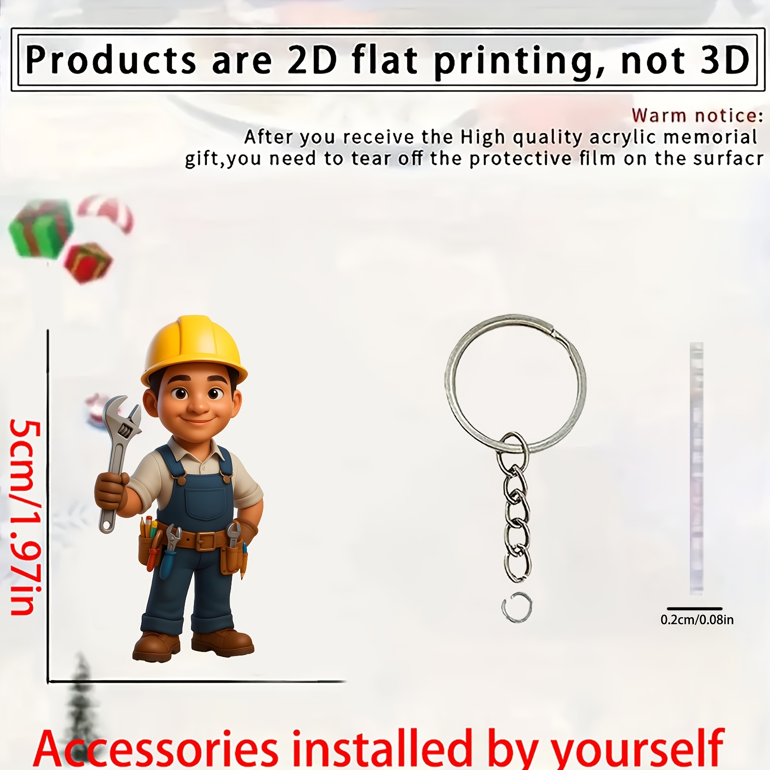 TEMU 2d Flat, 2d Flat 1pc Designed Repair Worker Decorative Acrylic Keychain, Key Ring, Perfect For Backpack Accessories, Phone Charms, Car And Home