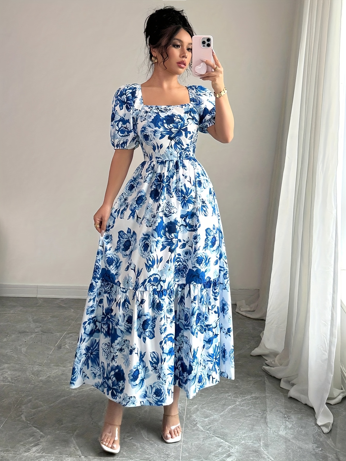 knee length dresses for ladies Olivaceous-Blue Floral Midi Dress