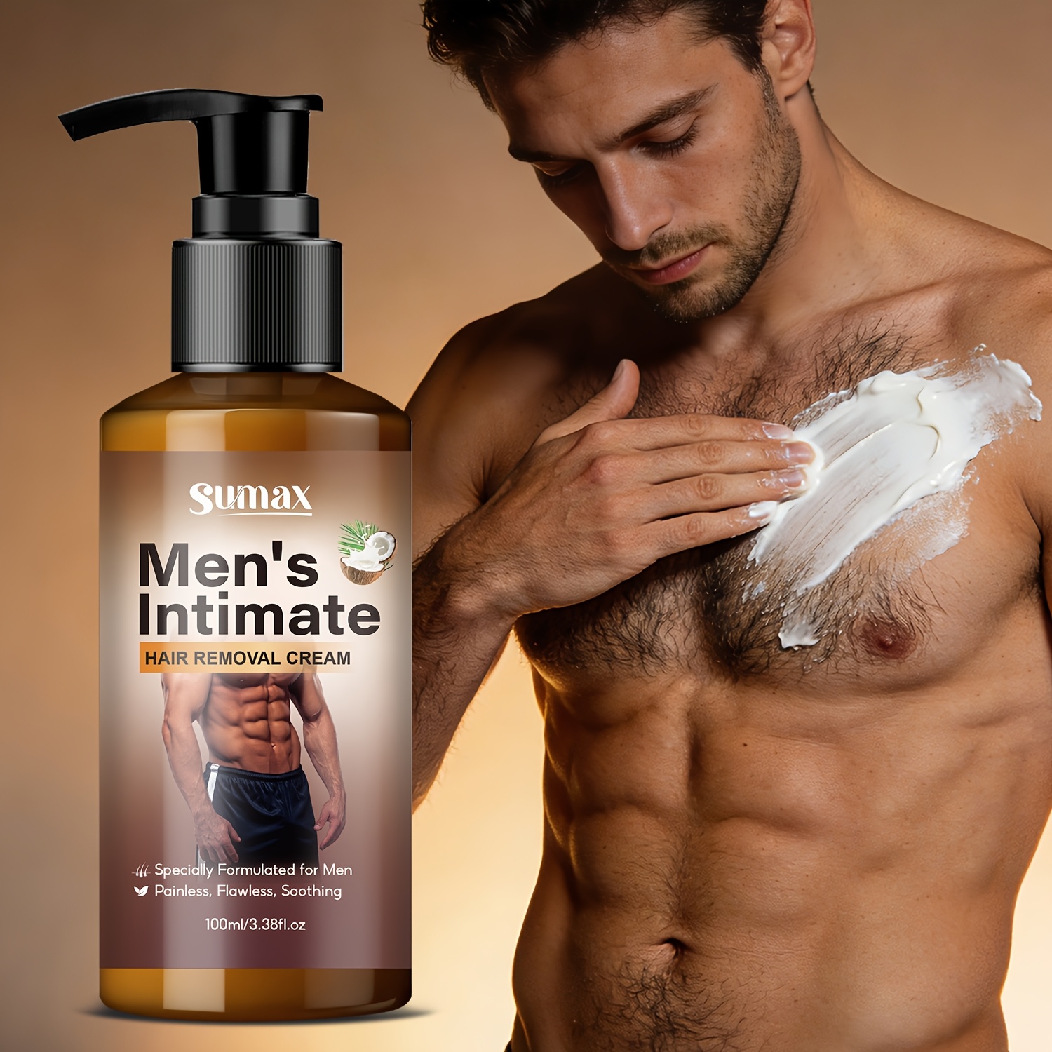 Image of 100ml Coconut Oil Men's Intimate Hair Removal Cream For Chest, Underarms, Tummy, Legs, Intimate Areas, Fast And Hair Removal, Moisturizing, Smooth, Hypoallergenic, Essential Men's Body Cleansing Cream