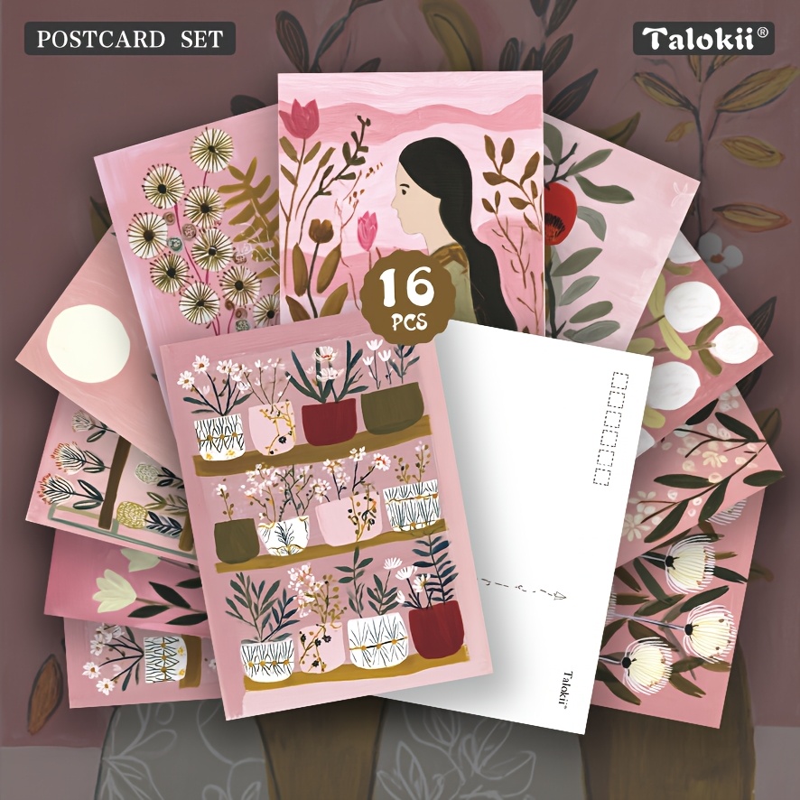 TEMU Ensemble de 16 cartes postales roses, cartes d'impression d'art moderne avec des floraux fantaisistes et de plantes en pot, pour le journaling,