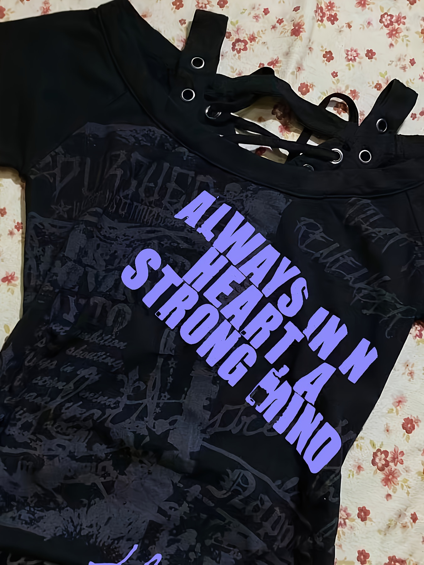 XY Kya Culture Spicy Vintage Letter Print Drawstring Pleated Short Sleeve Women's Back Tie, Y2K Design Dark Punk Skull Print Crop Top, Black Printed Off-the-Shoulder T-Shirt with 4 Eyelet Front