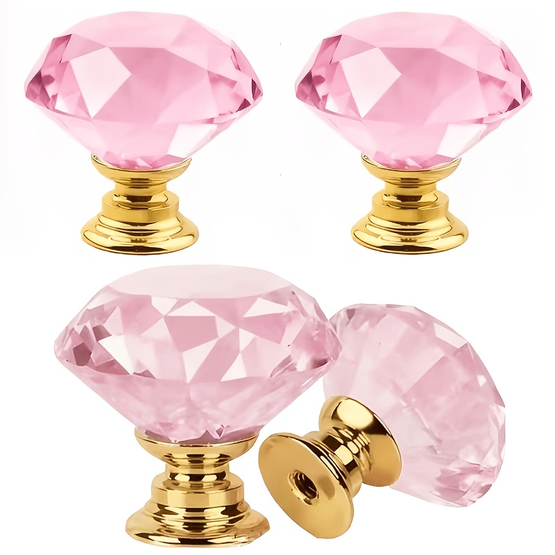 TEMU 4pcs Boutons de Coiffeuse en Quartz Rose Cristal Doré, Boutons de Tiroir de Coiffeuse, Boutons de Meuble en Verre de Diamant