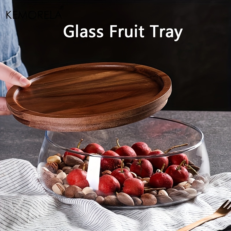 

1pc Wooden Trays Glass Bowl Nuts Fruits Food Container For Cereals Jar Double Layer Candy Jars With Wooden Lid Home Kitchen Storage