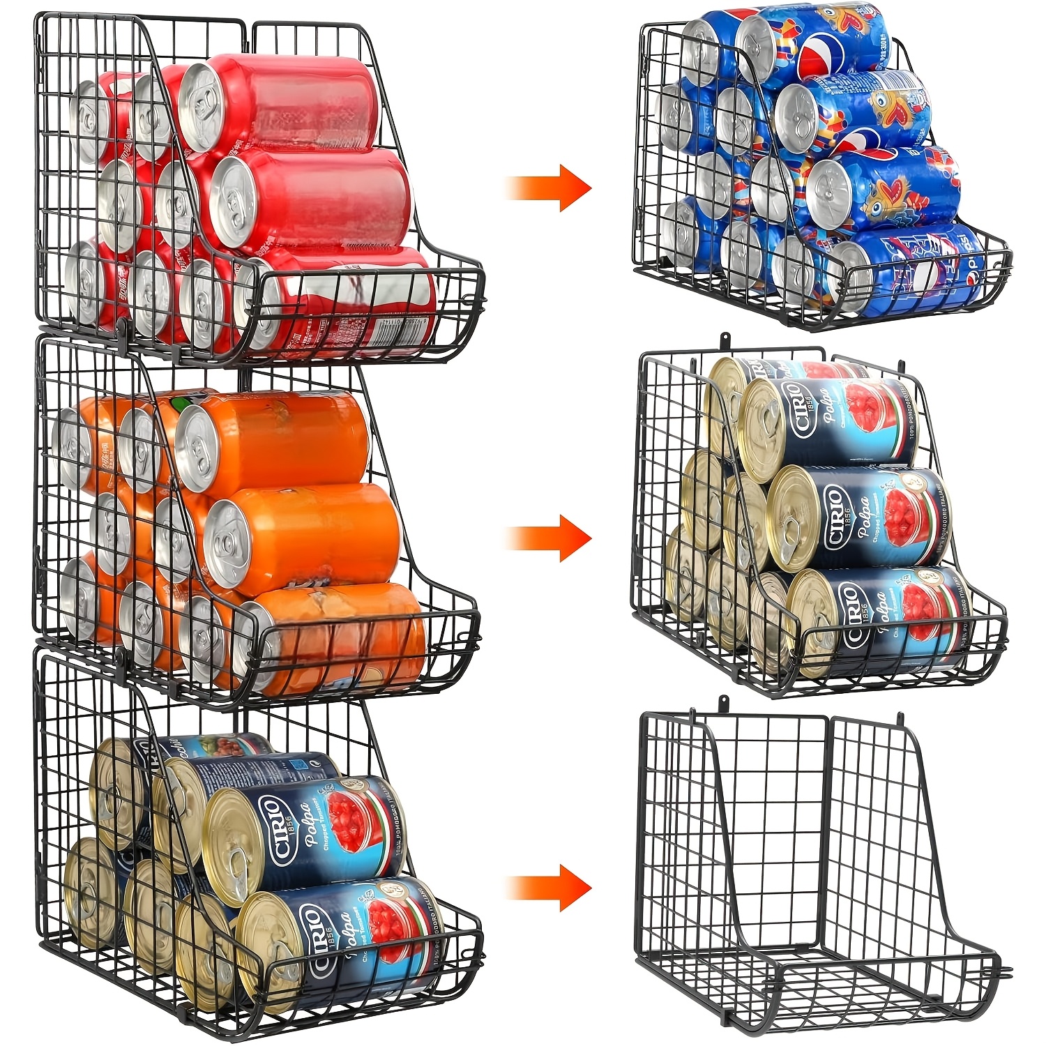 TEMU Stackable Can Organizer For Pantry 3-pack, Standing Dispenser Storage Bins, Metal Wire Basket Beverage Rack Stand Kitchen Pantry Countertop