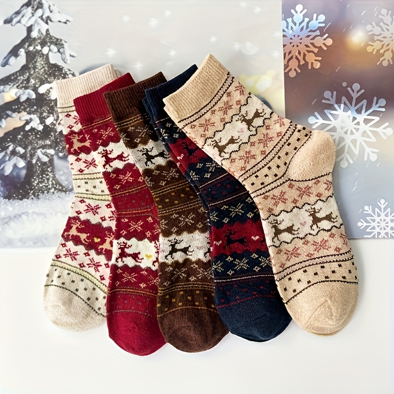 

5pcs Women's Warm Socks - Christmas Reindeer And Pattern, Soft Comfortable Polyester , Knitted, Socks