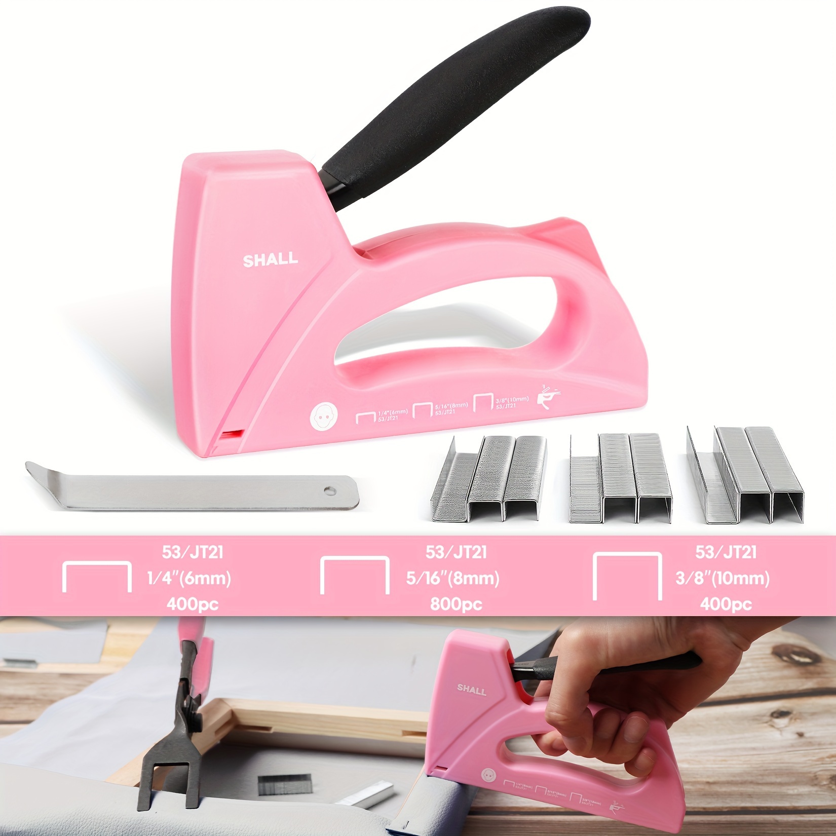 TEMU Shall Staple For Wood - Pink Upholstery Staple With 1600pcs 1/4, 5/16, 3/8 Inch And Staple Remover - Women Staple For Crafts, Fabric Stapler For Diy, Decoration