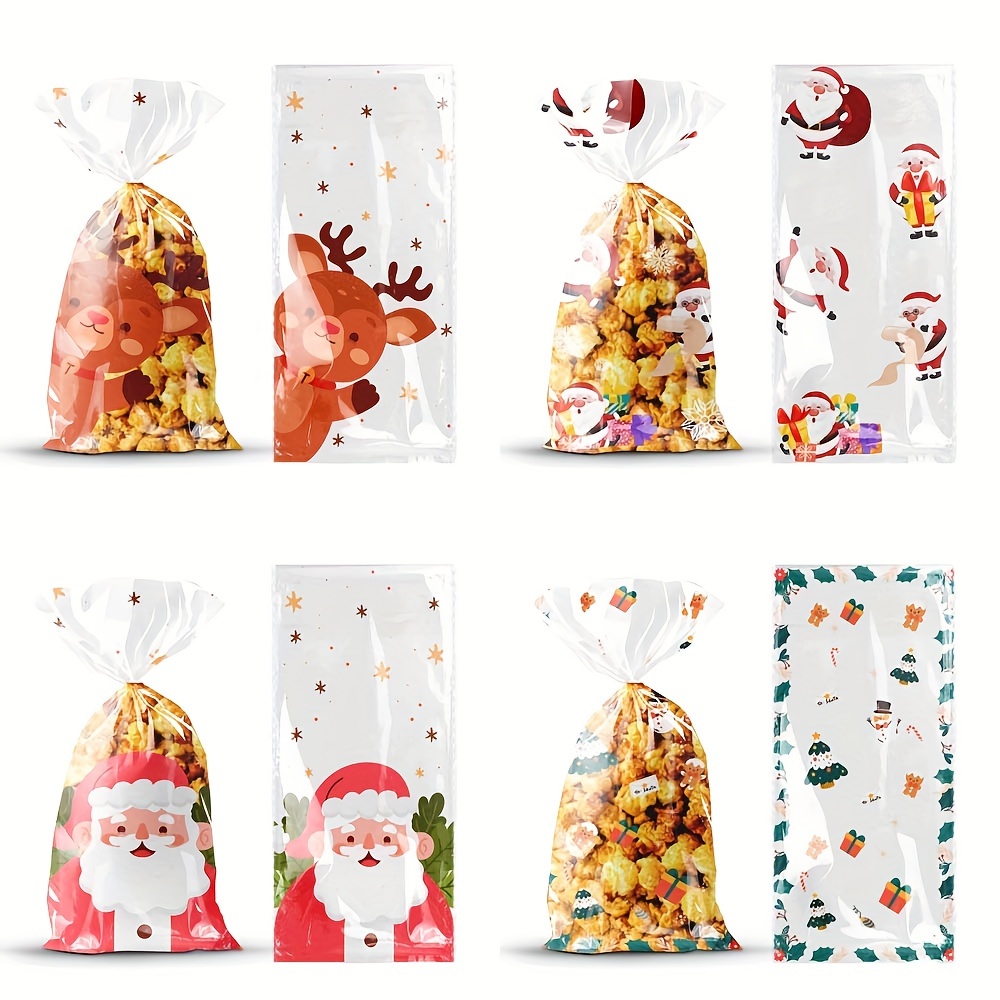 

50pcs, Transparent Opp Material Printing Cute Santa Elk Holly Leaf Pattern Christmas Party Candy Bag Gift Bag Christmas Decoration Packaging Bag With 60pcs Gold Twist Tie