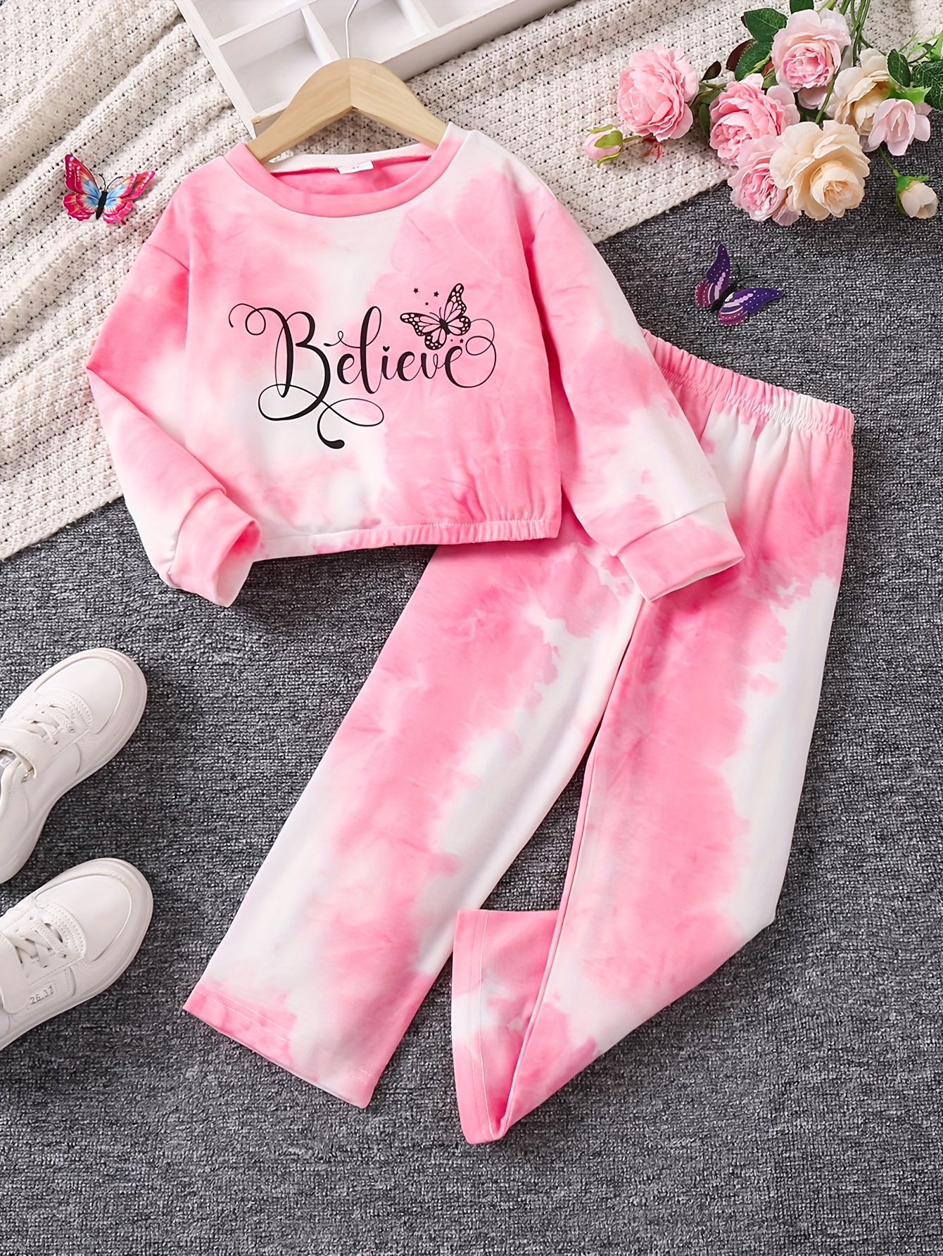 Tie Dye Pattern Girls Believe Print Pullover + Pants Set - Temu Ireland