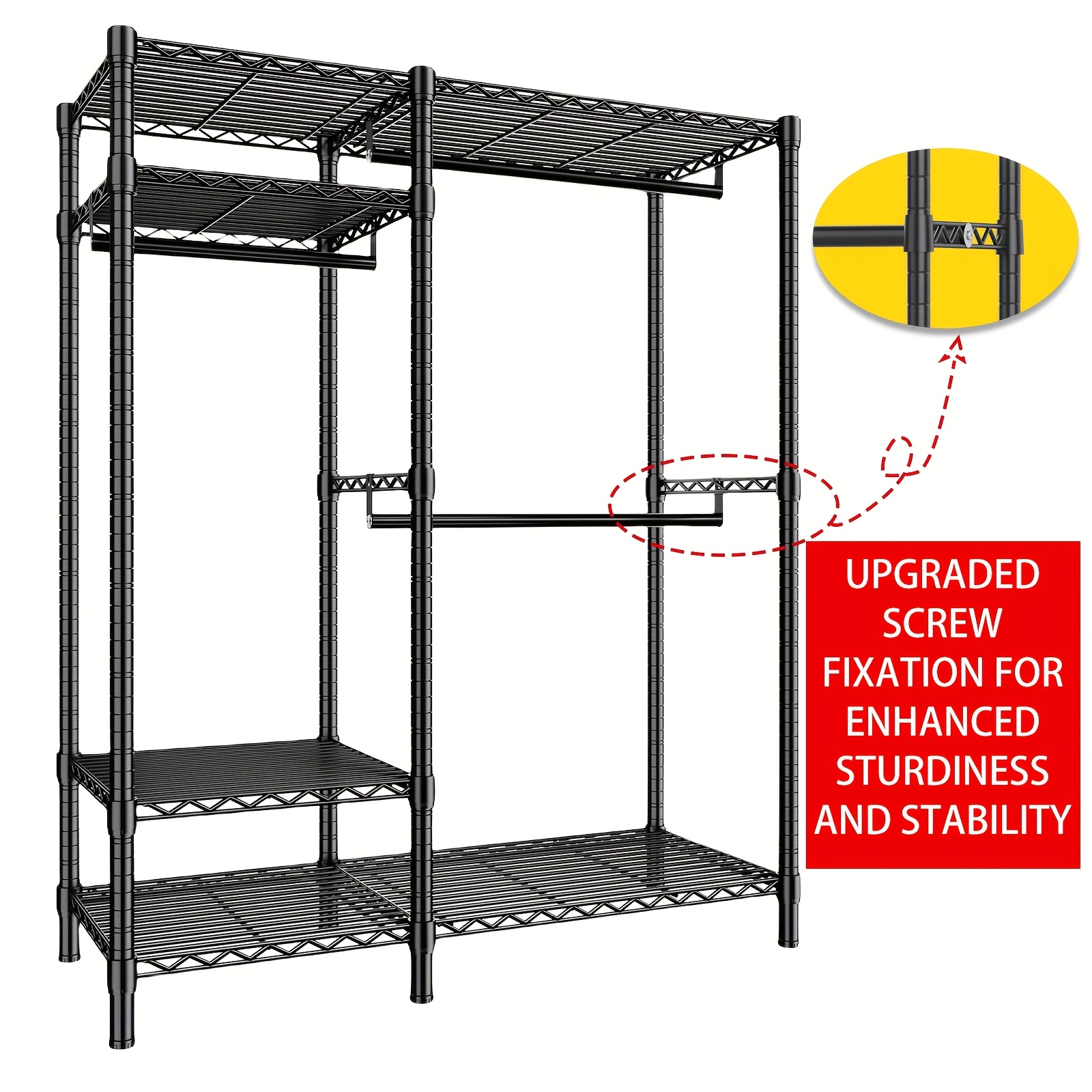 TEMU Porte-vêtements - Support de 77" pour | en acier de 700 lbs avec 6 étagères de rangement (base de 17,7x45 pouces) | Idéal pour robes et manteaux