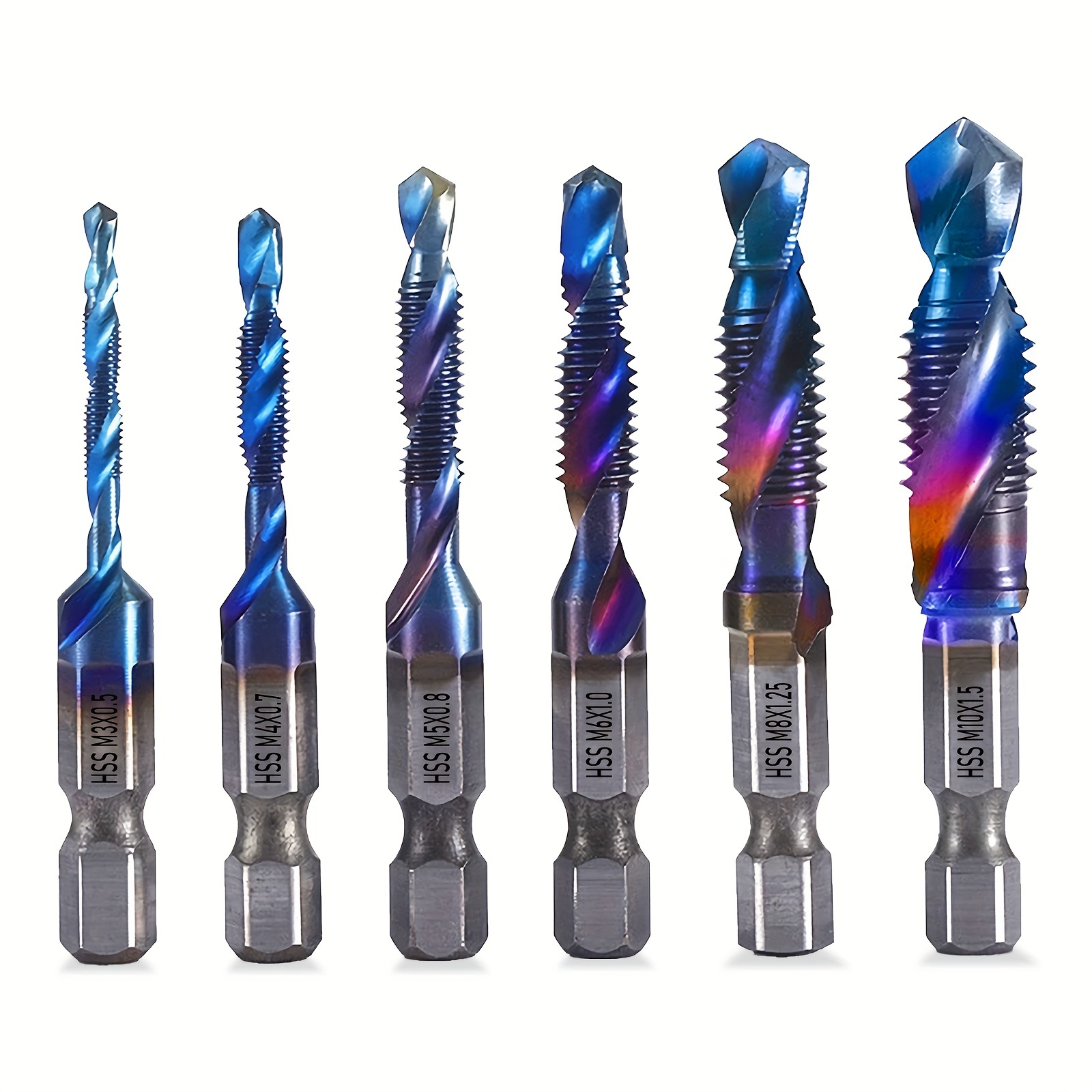 

6pcs Tap Drill Bits Set, Hss M3-m10 Coated Combination 1/4in Hex Shank Screw Thread Metric Tap Drill (gradient Blue )