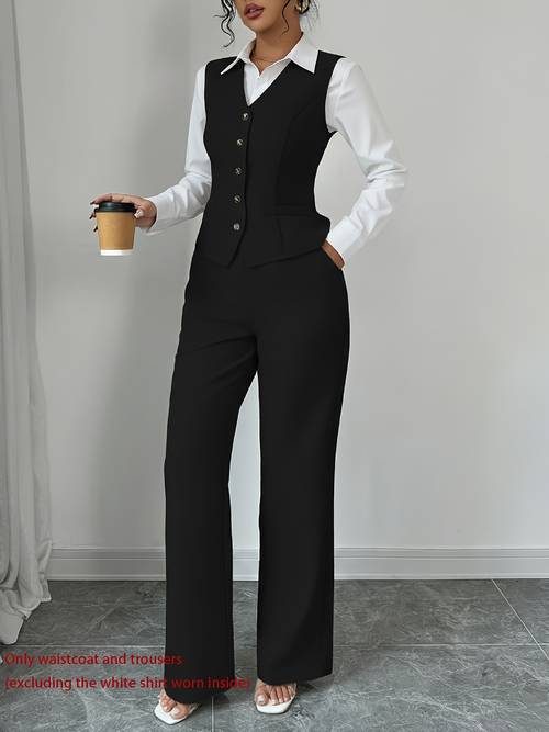 casual elegante chique dames 2-delige set voor de zomer — mouwloos taille-insnoerend vest met enkele rij knopen en wijde broek met hoge taille