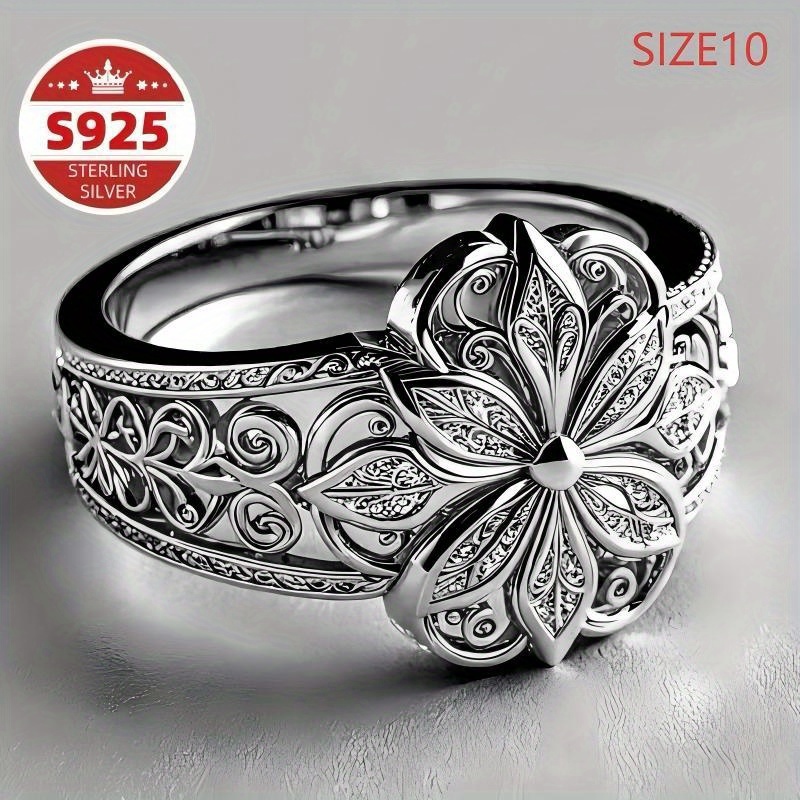 TEMU S925 Ring Latest Design Hollow Flower Pattern Suitable For Daily Wear Holiday Gift For Christmas And Valentine's Day