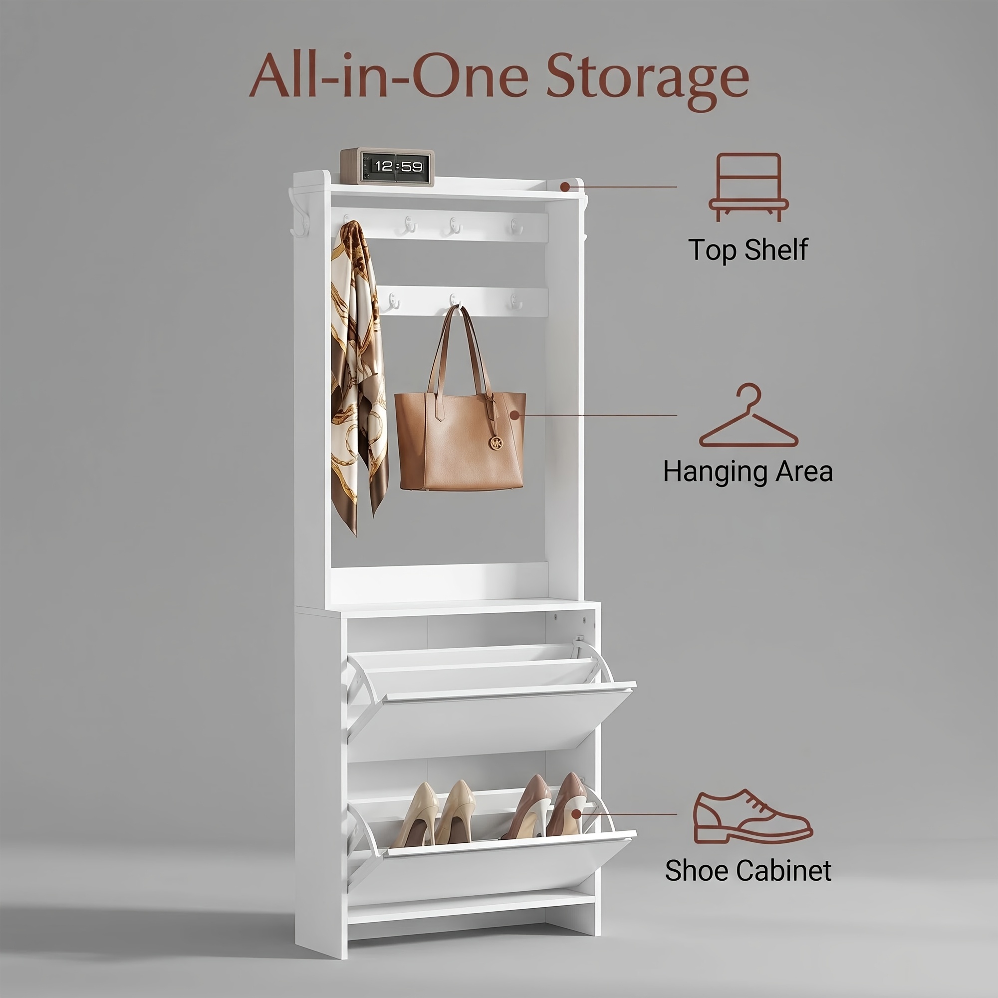 White Narrow Entryway Shoe Cabinet With -down Drawers And Side Hooks, Adjustable Shelves, Vertical Shoe Rack, Suitable For Hallway And Entrance Door, 80.3×24.3×205.3cm
