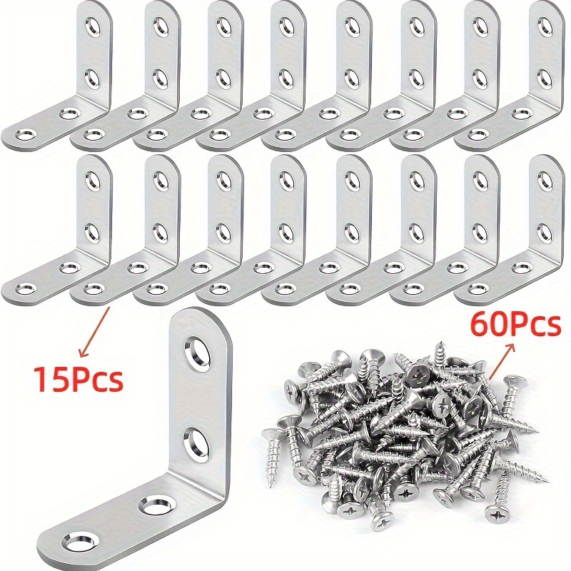 

75pcs/set, 15pcs L Bracket Stainless Steel Corner Brace Sets 1.57x1.57in, Right Angle Bracket With 64pcs Screws, L Bracket Firmware Used For Wooden Shelves, Chairs, Tables, Dressers, Furniture Silvery