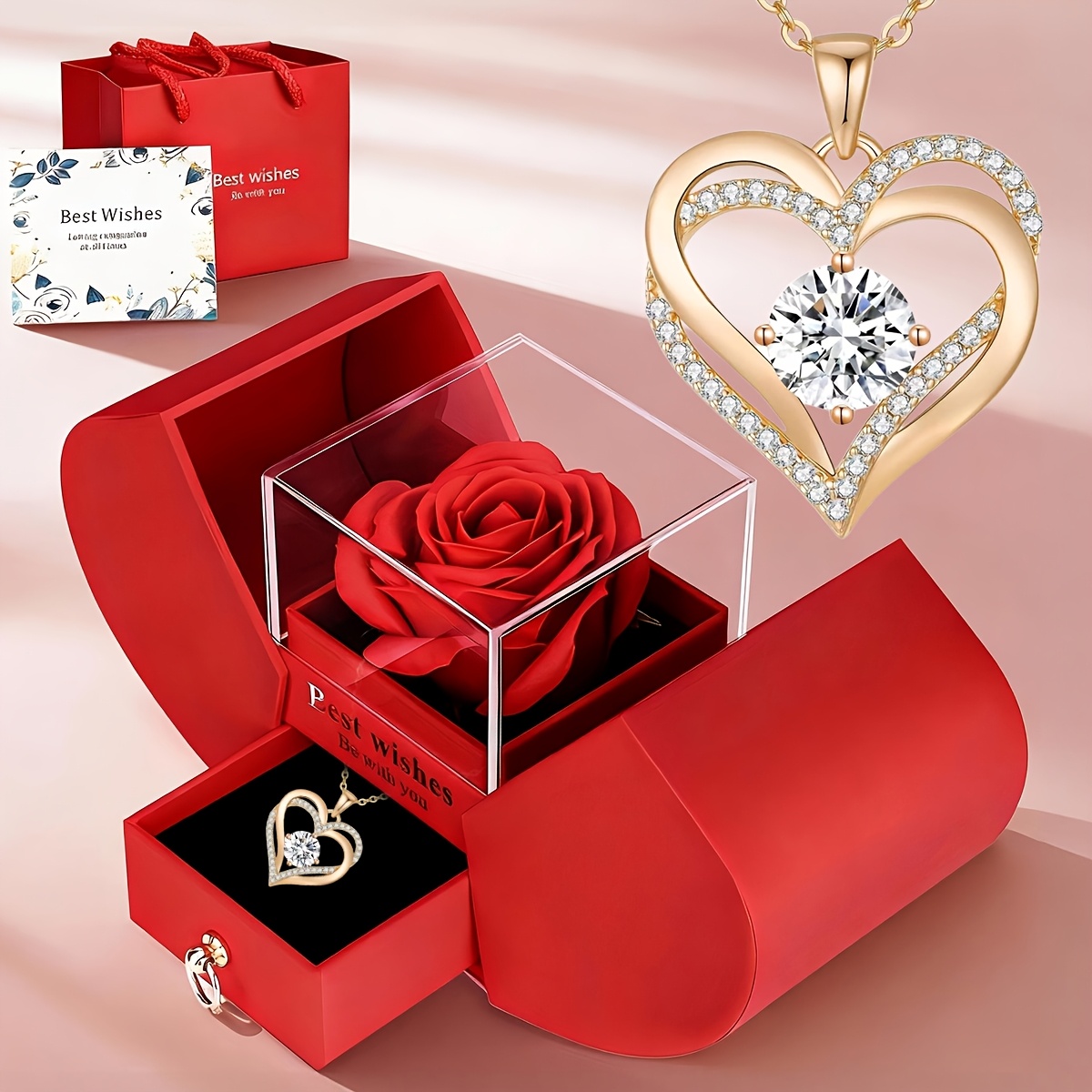 E-shop Elegantes luxuriöses rosa Herz-Halskette mit roter Rosen-Geschenkbox, für Ehefrauen, Geliebte, Muttertagsgeschenke, um Dankbarkeit der Mutter