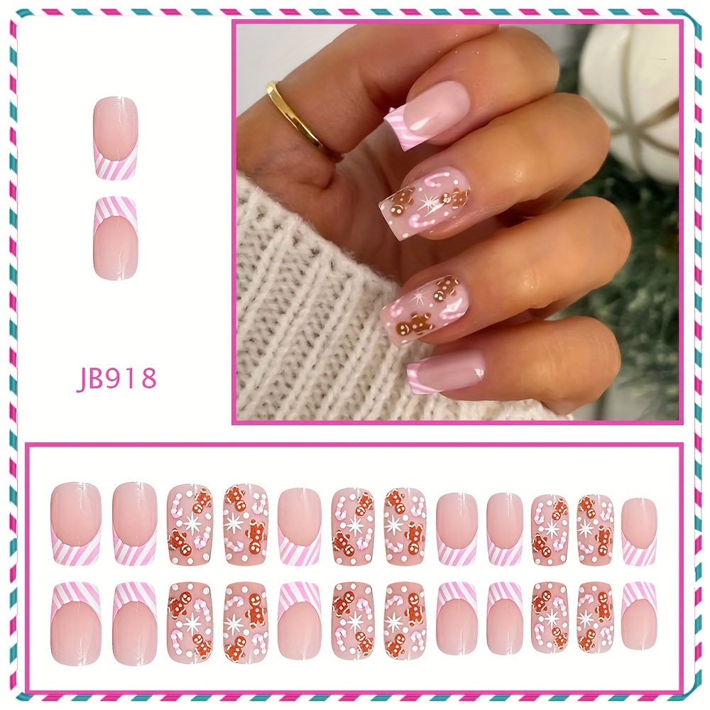 Image of 24pcs Of Square-shaped Christmas-themed Press-on Nails Featuring Cute Gingerbread Men, Candy Canes, And Snowflakes In Pink And