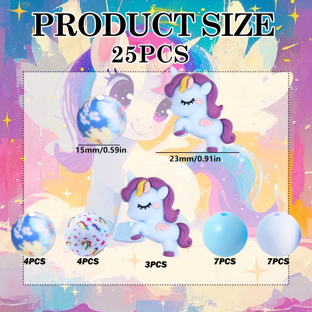 TEMU 25pcs 3d Silicone Beads Set | Includes 15mm Unicorn Printed Beads For Jewelry Additions, Earrings, Necklaces, Bag Chains, Phone Chains, Makeup
