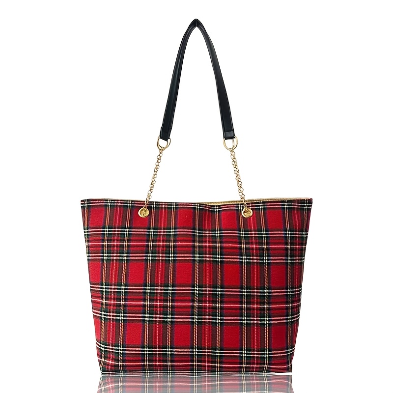 TEMU Bolso tote de gran capacidad de estilo vintage a cuadros rojos con cadena de metal y correa, bolso de versátil y de moda para mujer