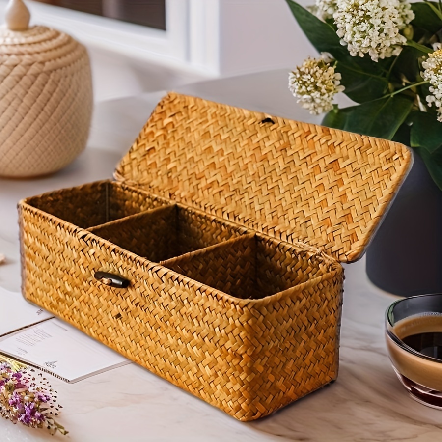 

Art Deco Rattan Storage Box With Fabric Lining And Viewing Window, Decorative Lidded Organizer With Compartments For Home And Office