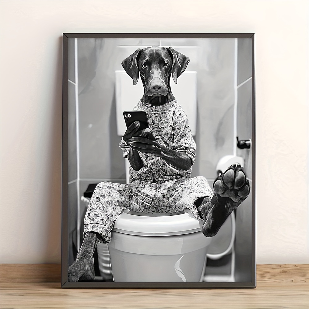 12X16 Canvas Wall Art German Dachshund On Toilet With Phone Humorous Dog Bath Scene Poster For Home Office Decor