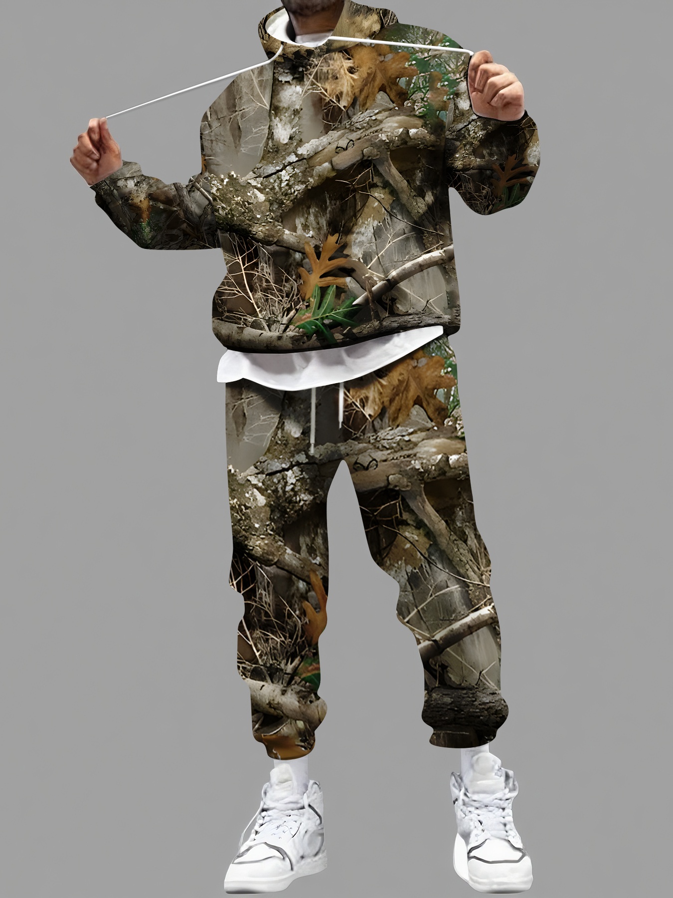 mens camouflage hoodie pants set realistic leaf branch pattern olive green brown casual outdoor wear with white sneakers   hiking or casual attire hiking apparel realistic camo pattern polyester blend olive 0