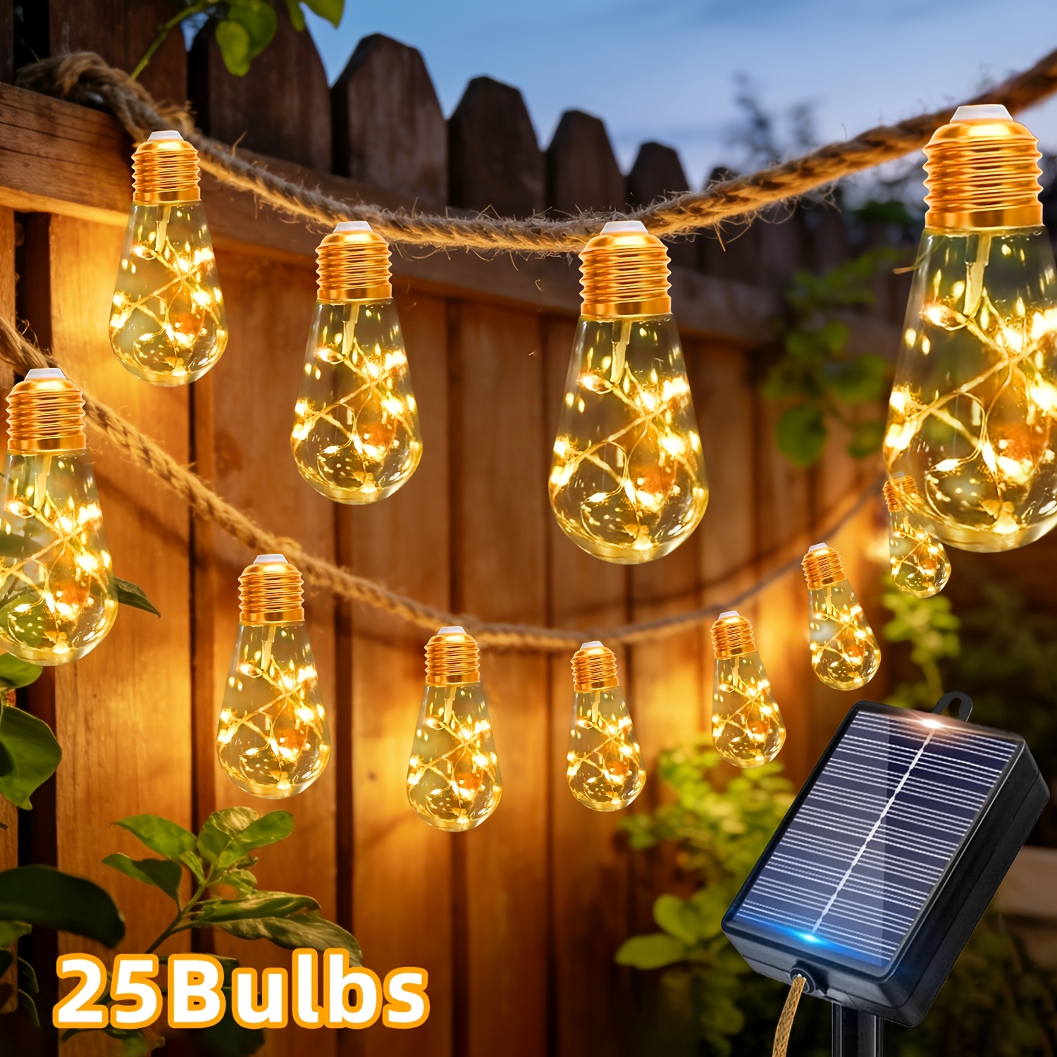 TEMU Outdoor Solar Light String, 10/25 Bulb Hanging Retro Hemp Rope Light String, Sensing , 12 Transparent Bulb Garden String Lights, Suitable For