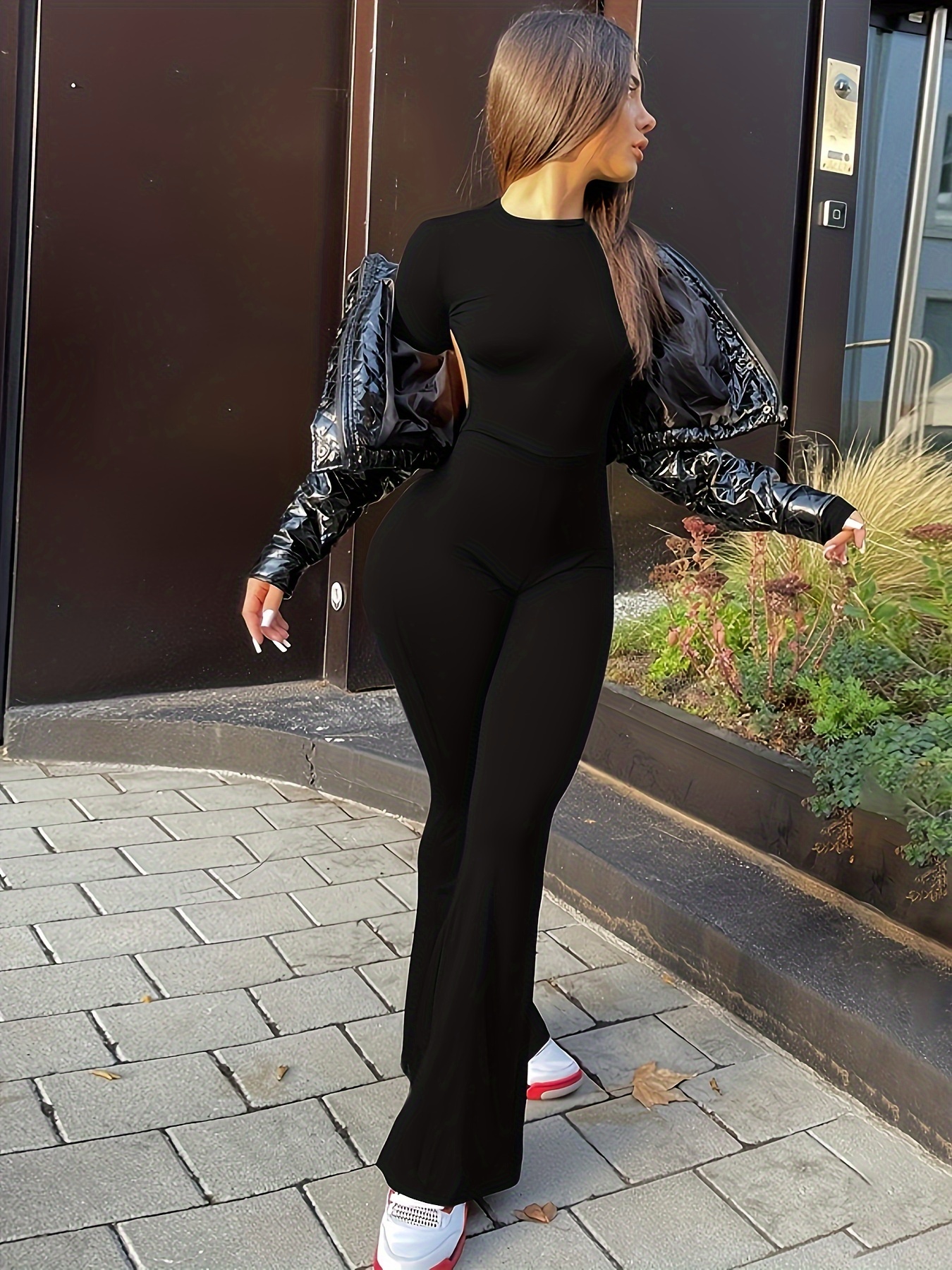 backless crew neck tight jumpsuit sexy long sleeve flare leg Temu