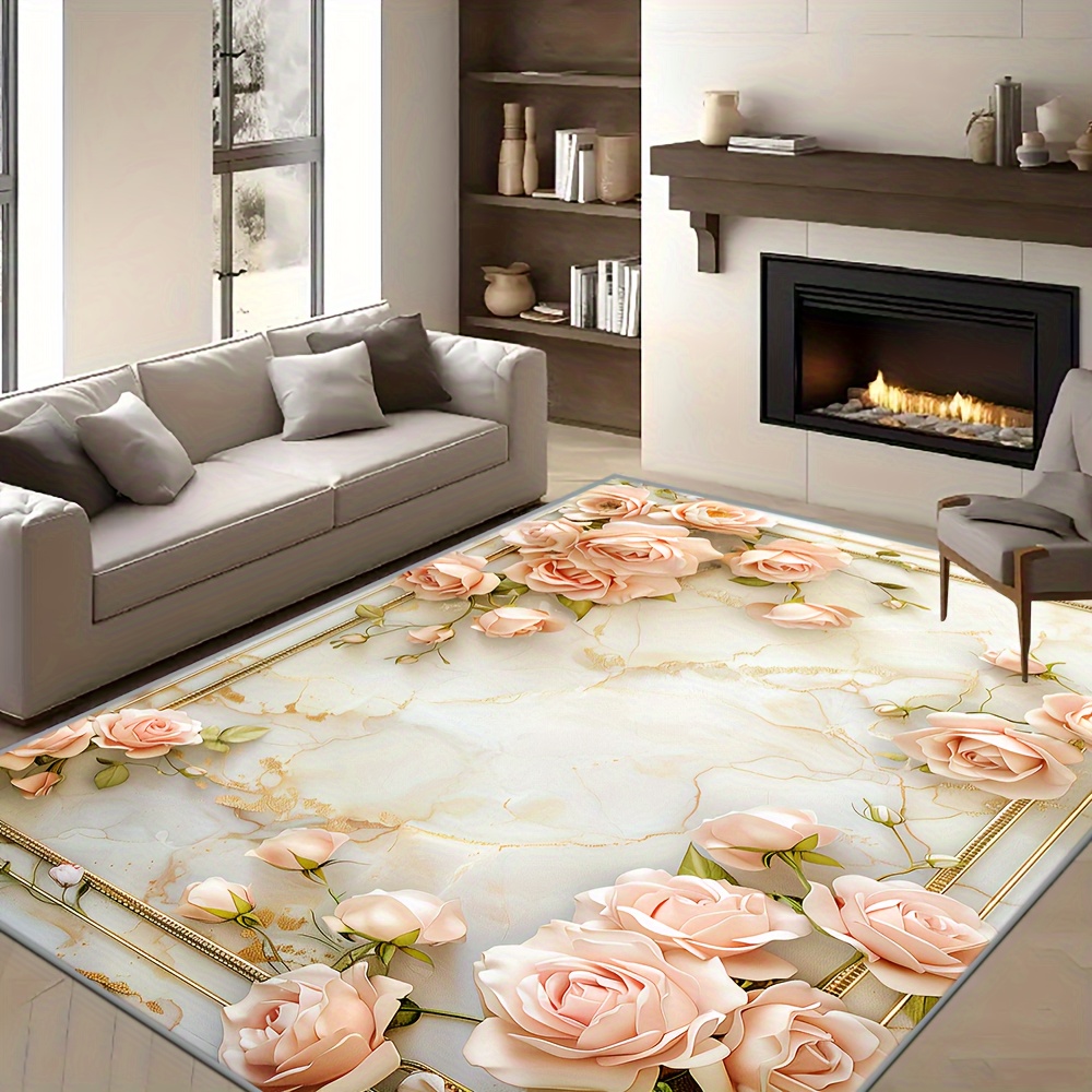 

European Style Marble Texture Area Rug With Rose Design - Stain Resistant, Non-slip, Washable Polyester Rug, Medium Pile, Machine Made For Indoor/outdoor Use, 1200g/m² Density, 8.6mm Thickness